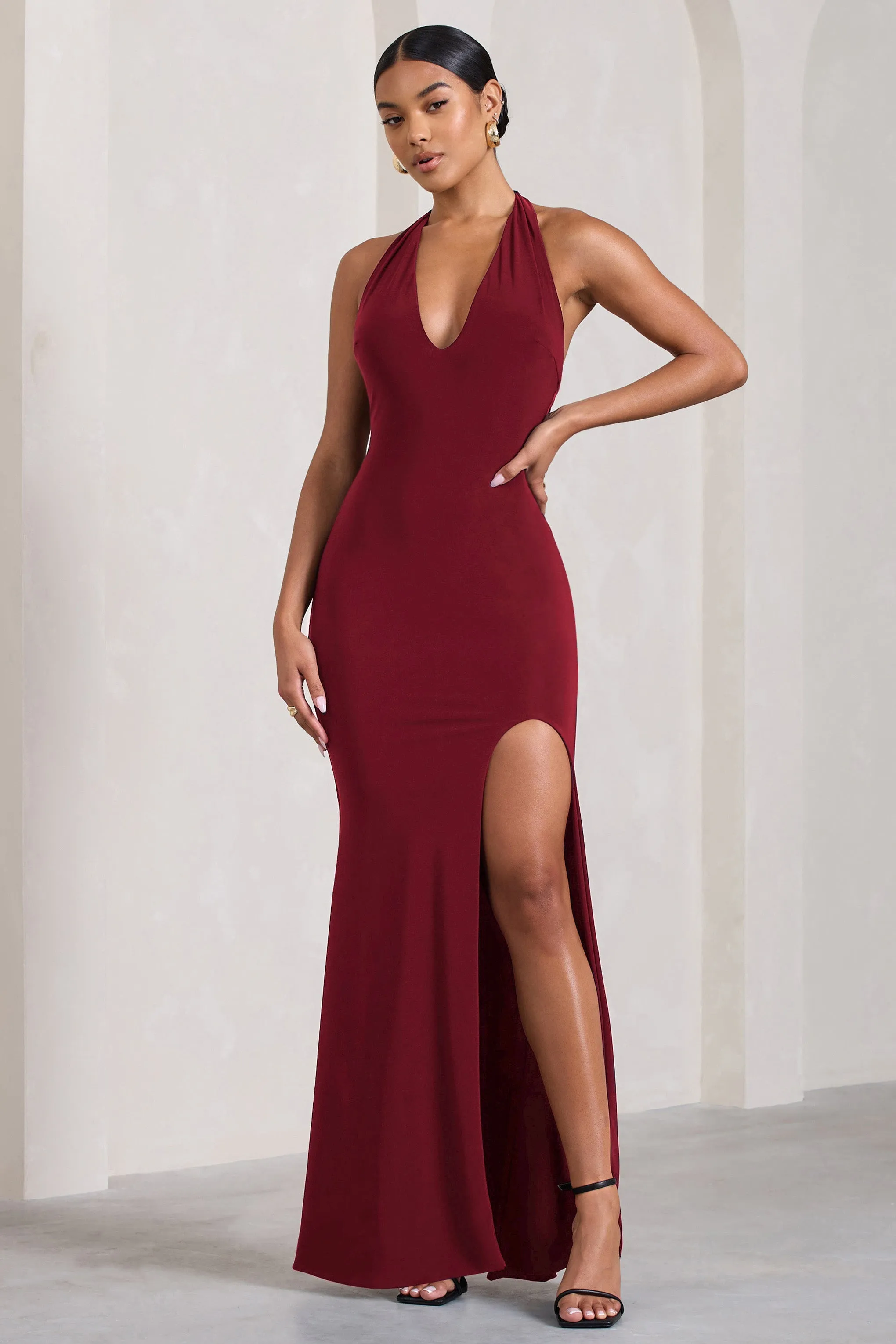 Glamour | Berry Backless V Plunge Halter Neck Maxi Dress With Side Split