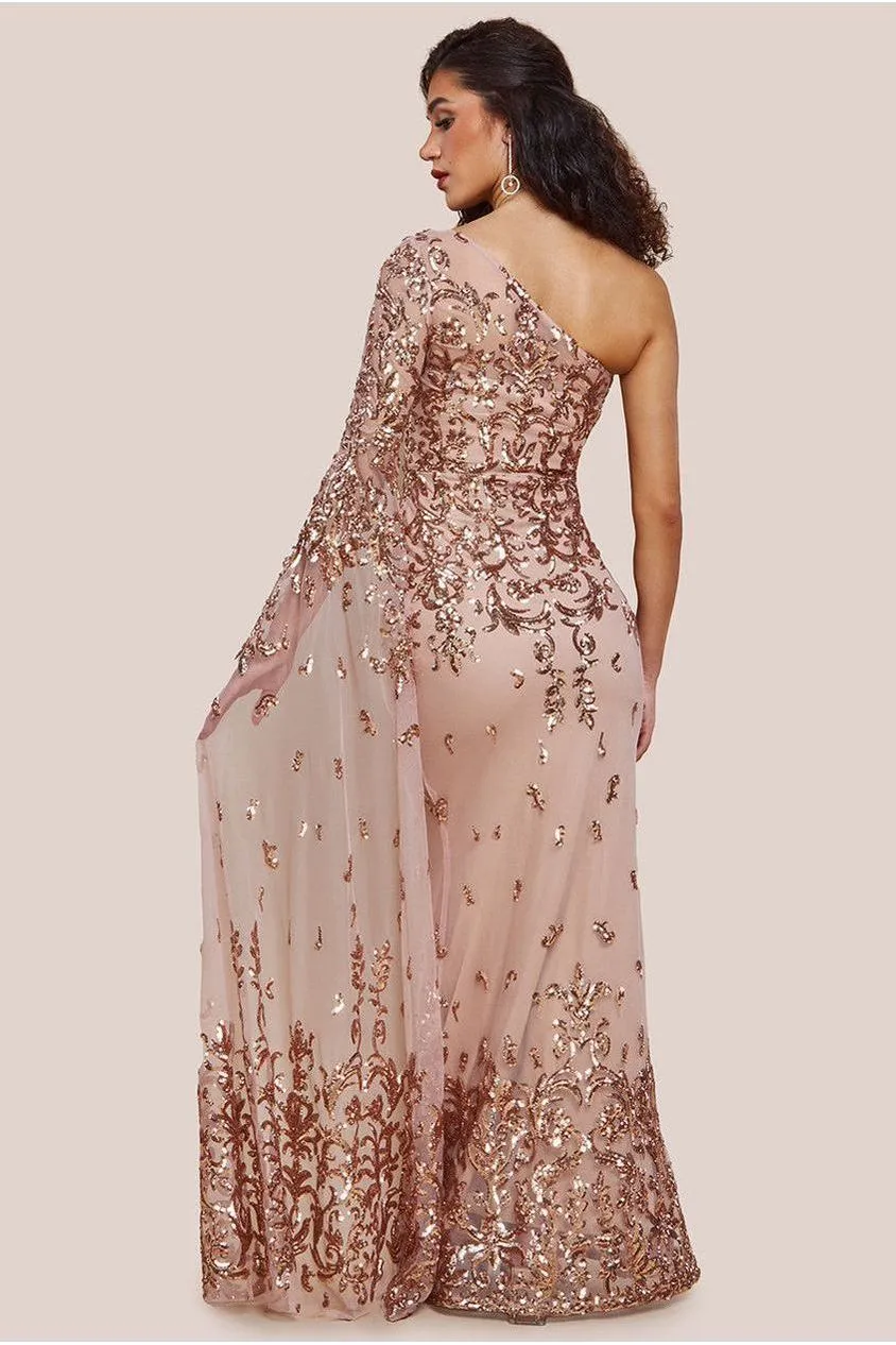 Goddiva Sequin Mesh One Shoulder Evening Maxi Dress - Champagne