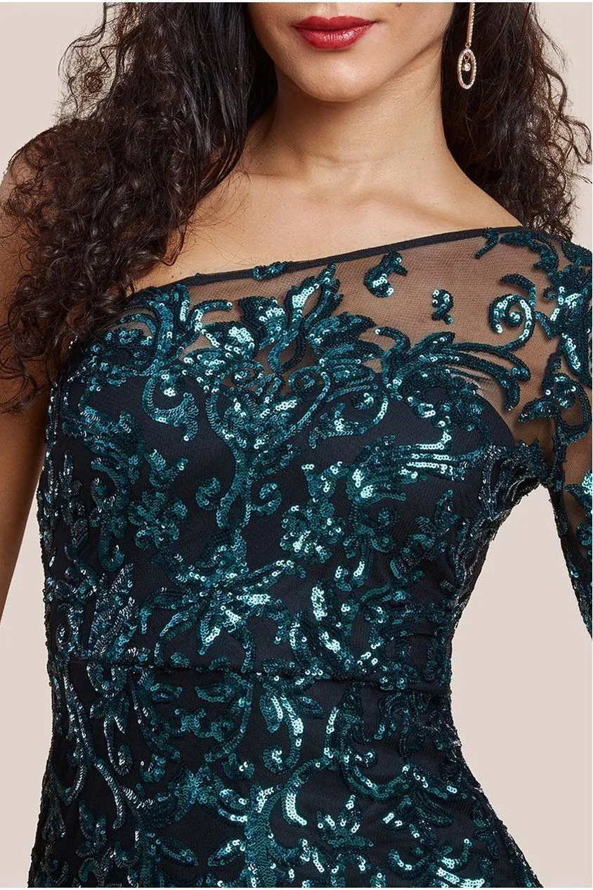 Goddiva Sequin Mesh One Shoulder Evening Maxi Dress - Emerald Green