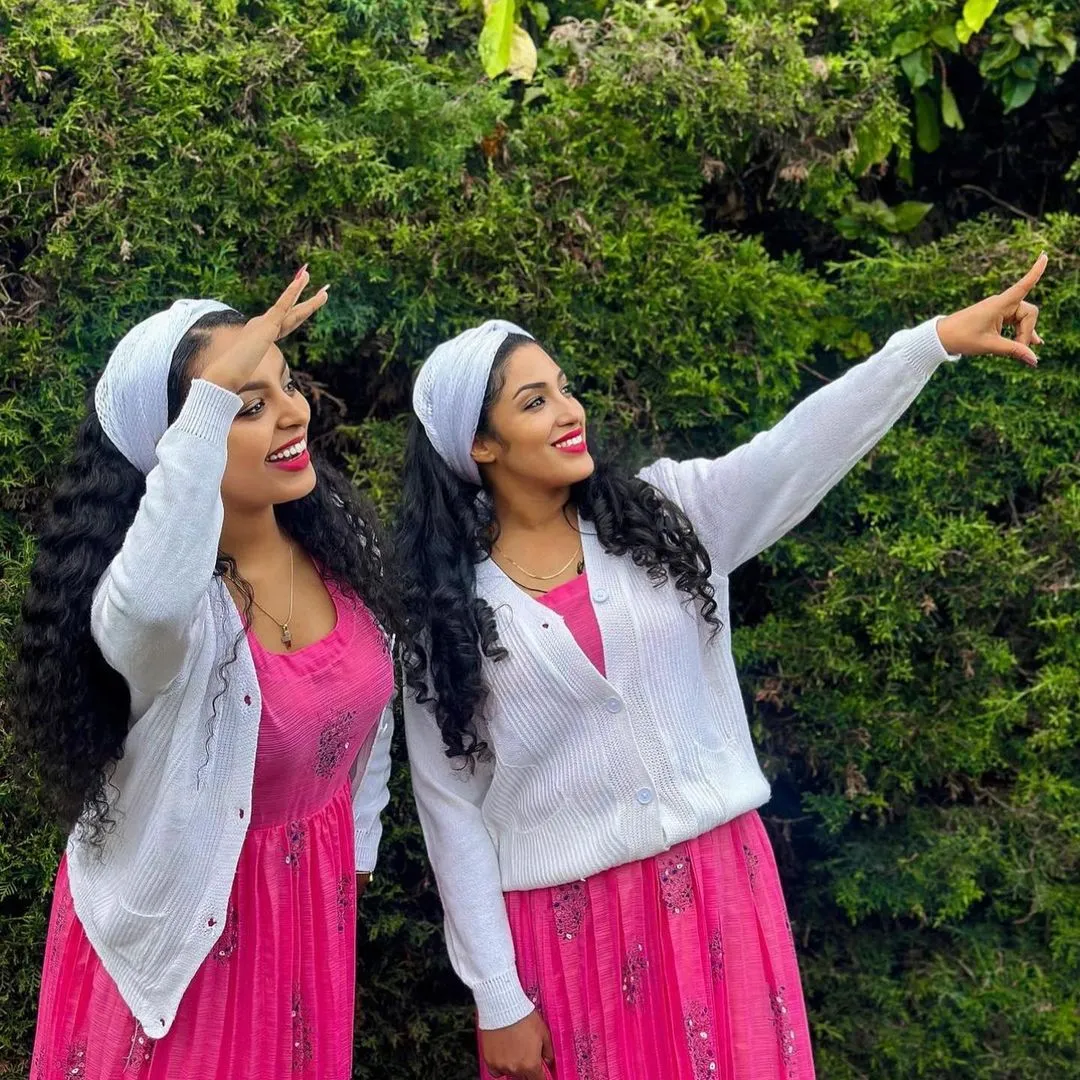 Gorgeous Pink Guraghe Dress with White Sweater Traditional Gurage Cultural Outfit