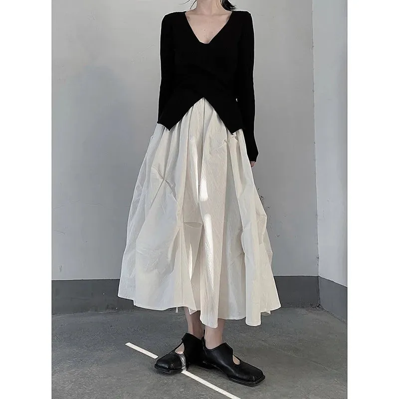 Gothic Pleated Midi Skirts Women Y2K High Waist Folds A Line Skirt Streetwear Korean Harajuku Elegant Slim Chic Ball Gown