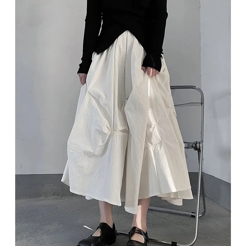 Gothic Pleated Midi Skirts Women Y2K High Waist Folds A Line Skirt Streetwear Korean Harajuku Elegant Slim Chic Ball Gown