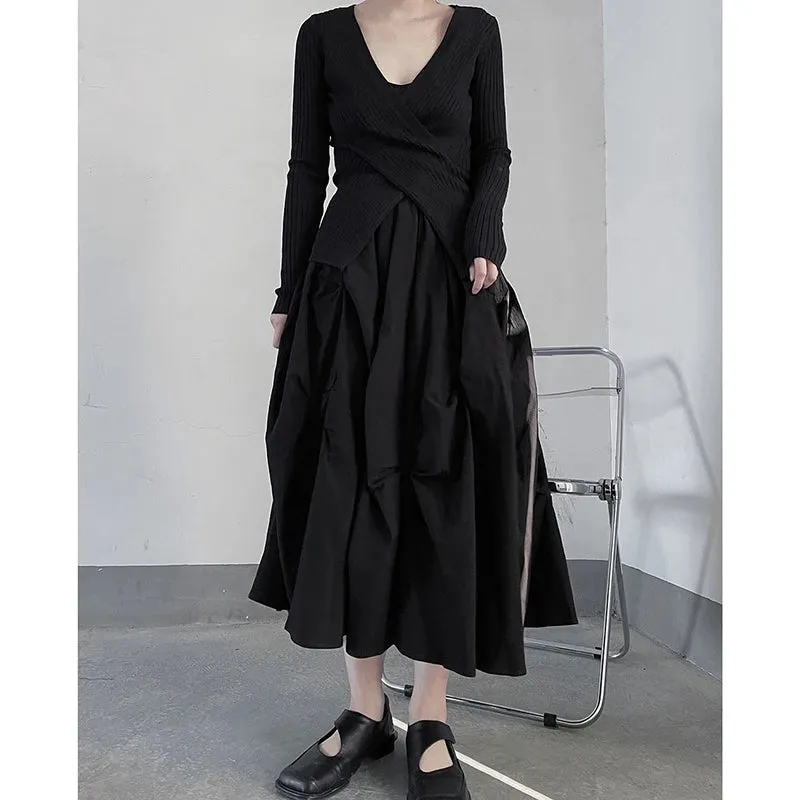 Gothic Pleated Midi Skirts Women Y2K High Waist Folds A Line Skirt Streetwear Korean Harajuku Elegant Slim Chic Ball Gown