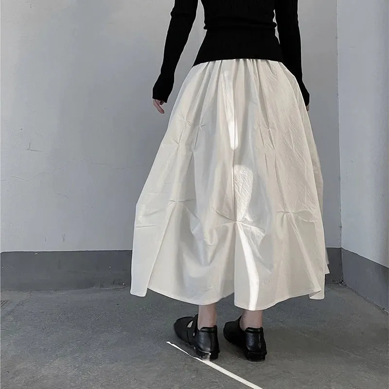 Gothic Pleated Midi Skirts Women Y2K High Waist Folds A Line Skirt Streetwear Korean Harajuku Elegant Slim Chic Ball Gown