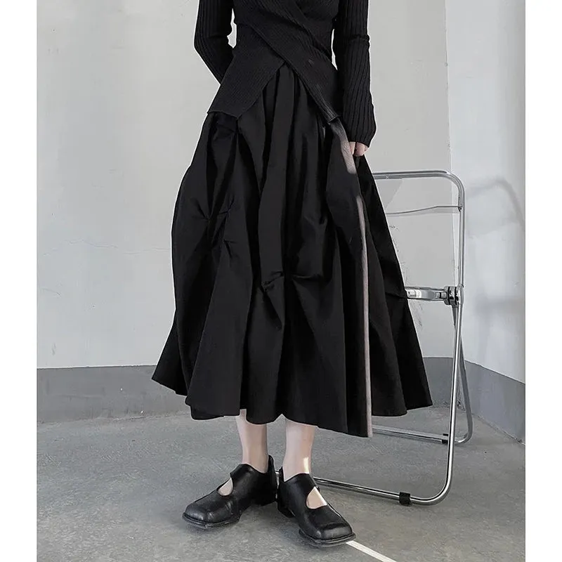 Gothic Pleated Midi Skirts Women Y2K High Waist Folds A Line Skirt Streetwear Korean Harajuku Elegant Slim Chic Ball Gown