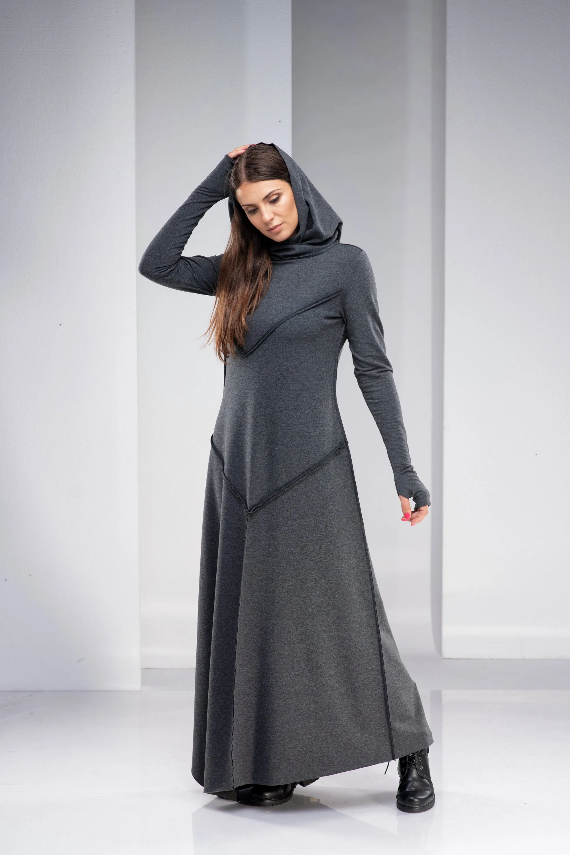 Gray Hooded Maxi Dress