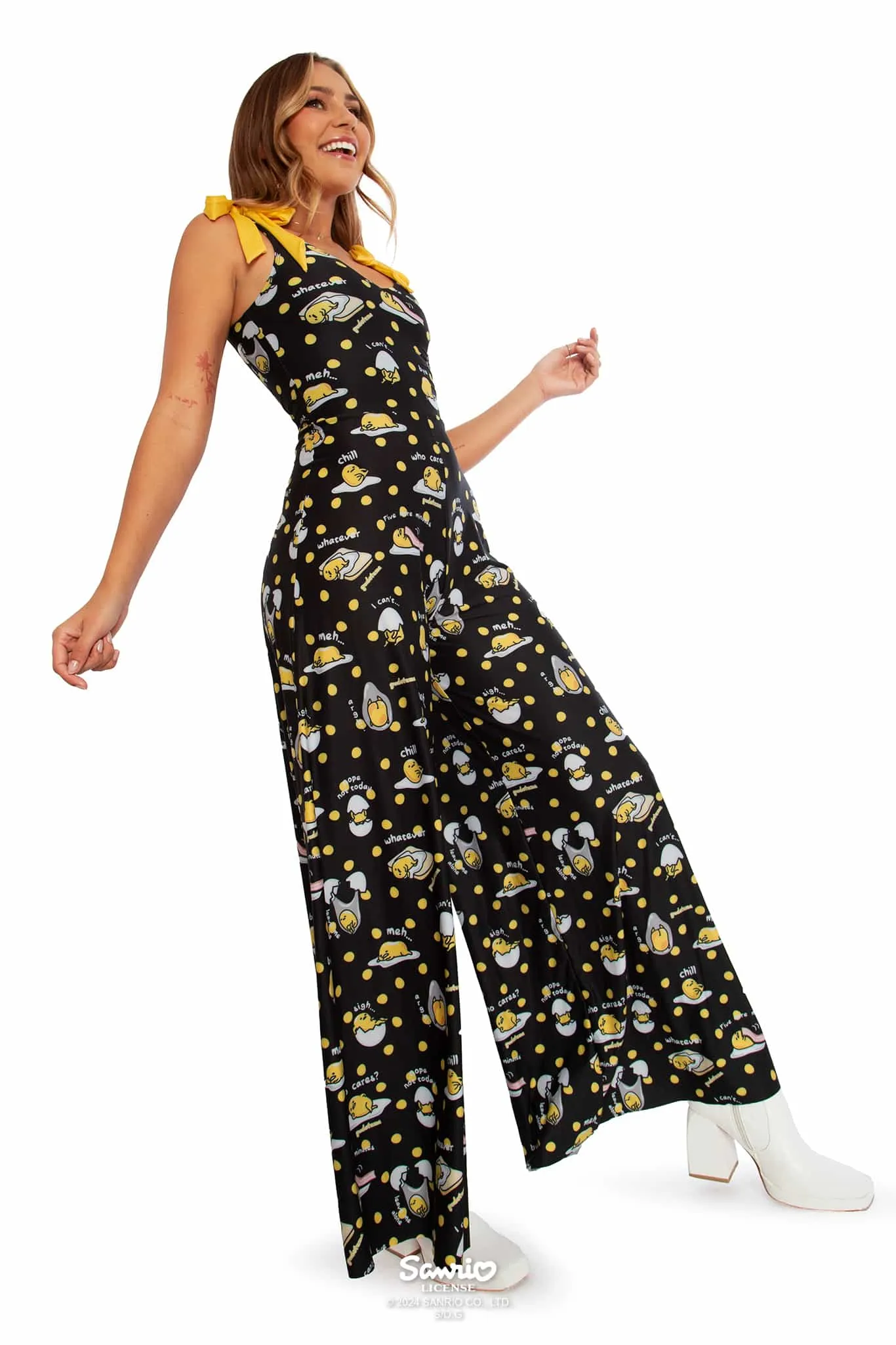 Gudetama Yolka Dots Black Wide Leg Tie Jumpsuit