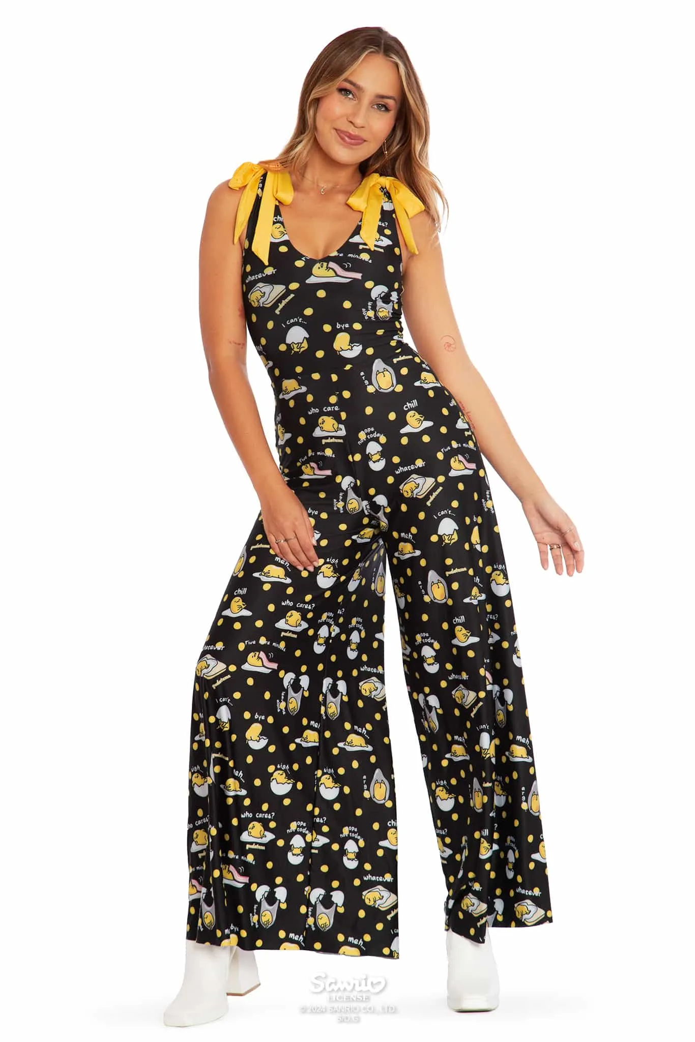 Gudetama Yolka Dots Black Wide Leg Tie Jumpsuit