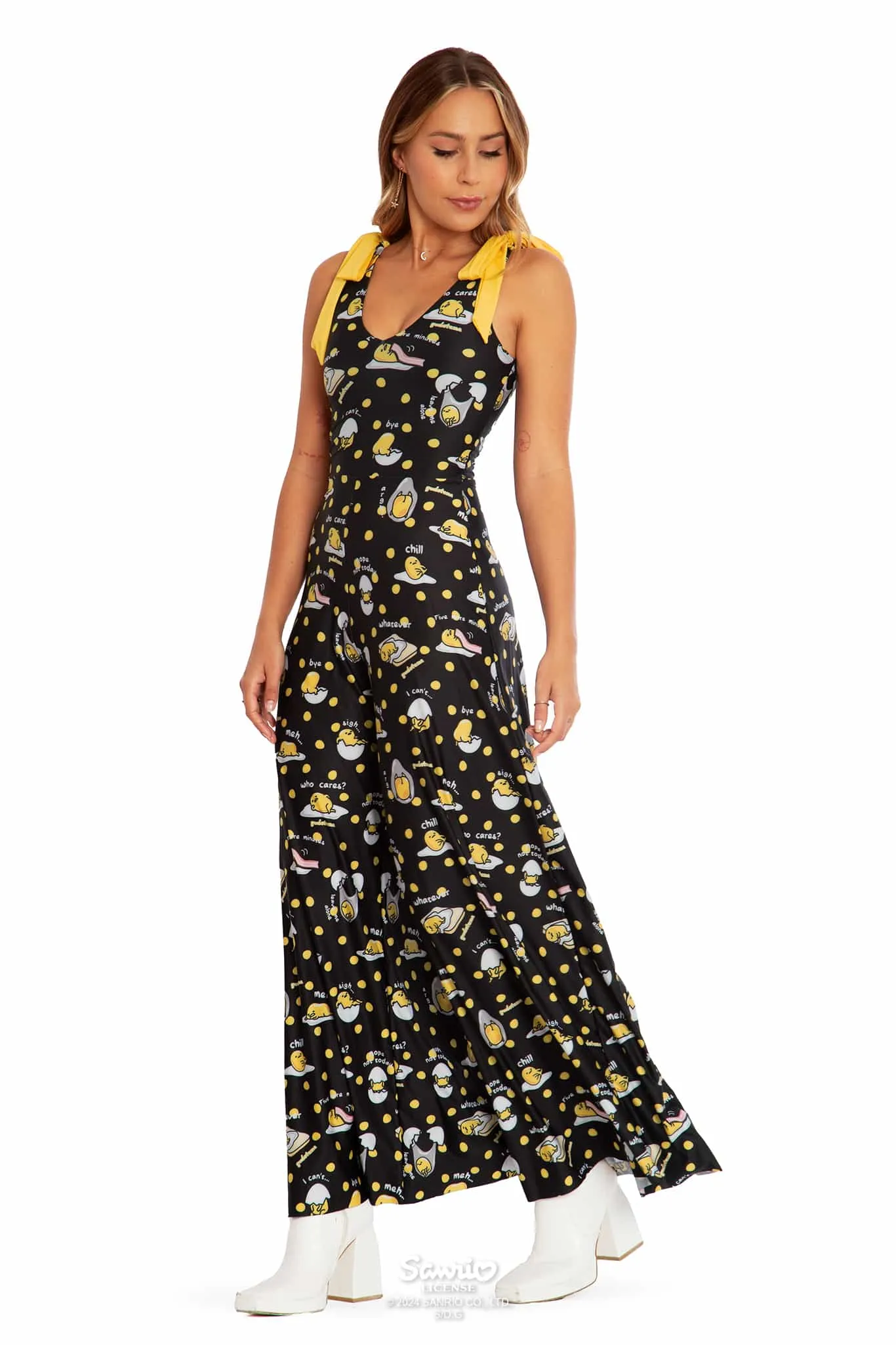 Gudetama Yolka Dots Black Wide Leg Tie Jumpsuit