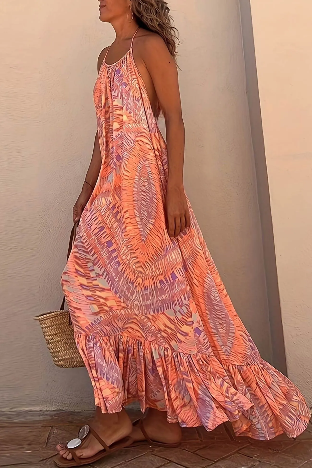 Halterneck Printed Ruffle Hem Beach Dress