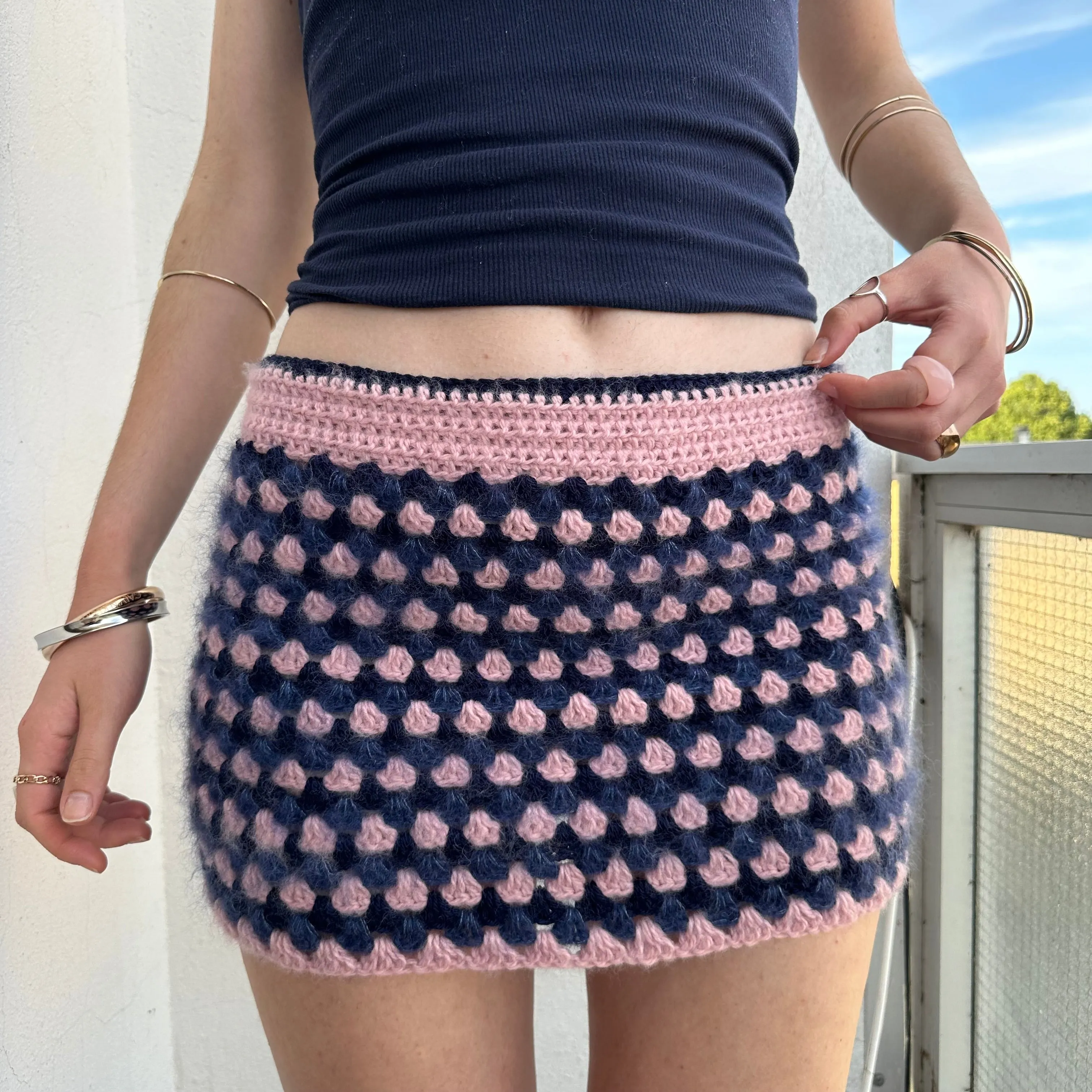 Handmade retro crochet mini skirt in baby pink and navy blue mohair