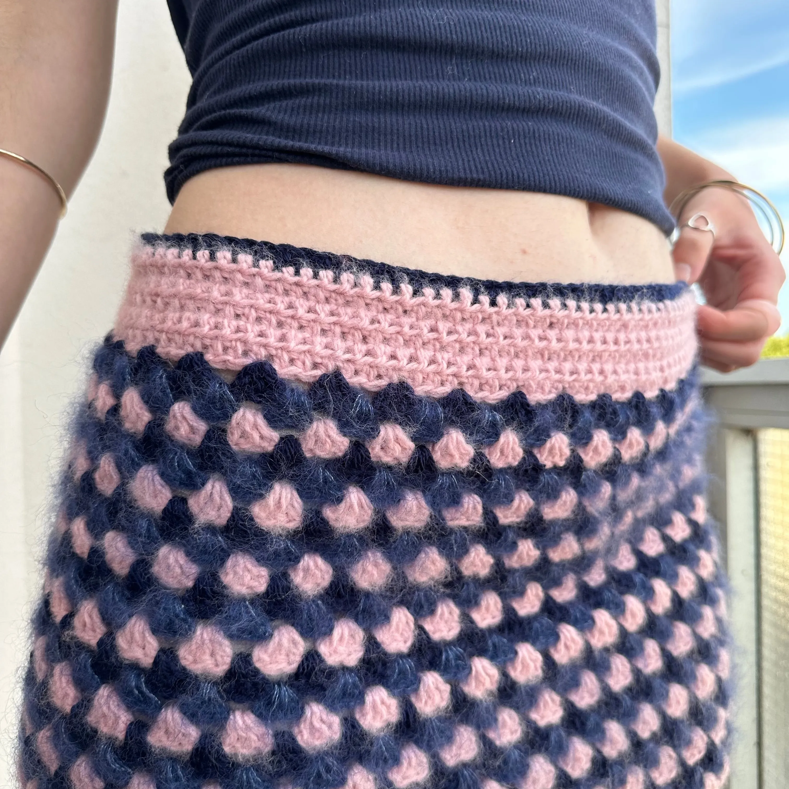 Handmade retro crochet mini skirt in baby pink and navy blue mohair