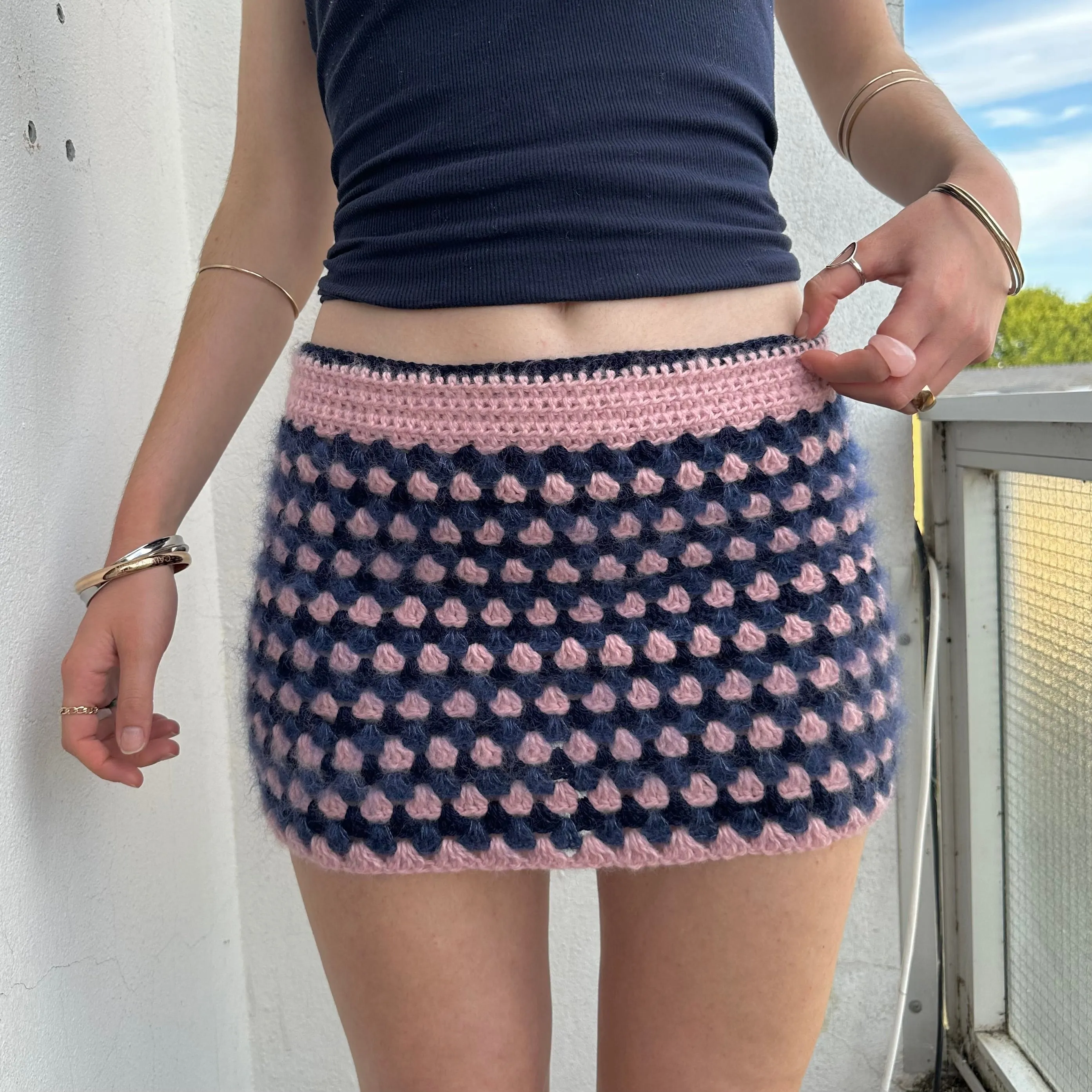 Handmade retro crochet mini skirt in baby pink and navy blue mohair