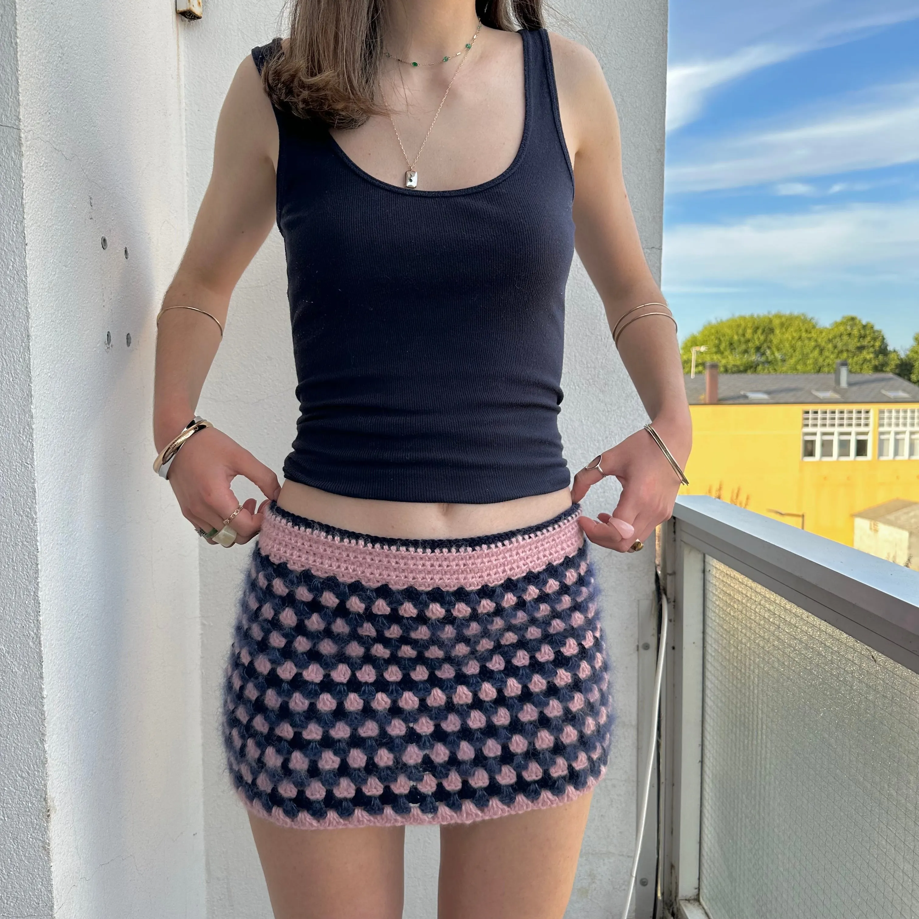 Handmade retro crochet mini skirt in baby pink and navy blue mohair