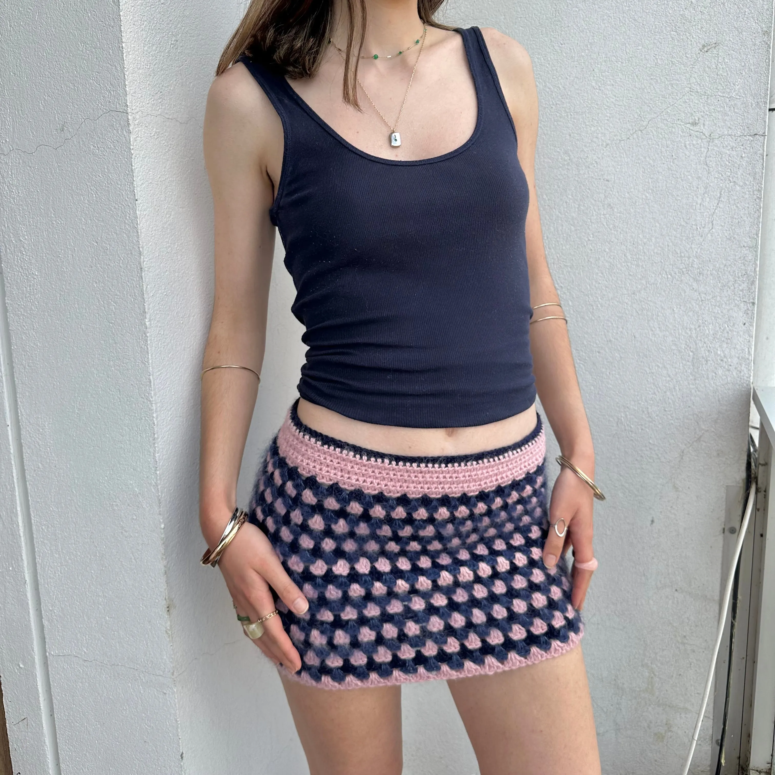 Handmade retro crochet mini skirt in baby pink and navy blue mohair