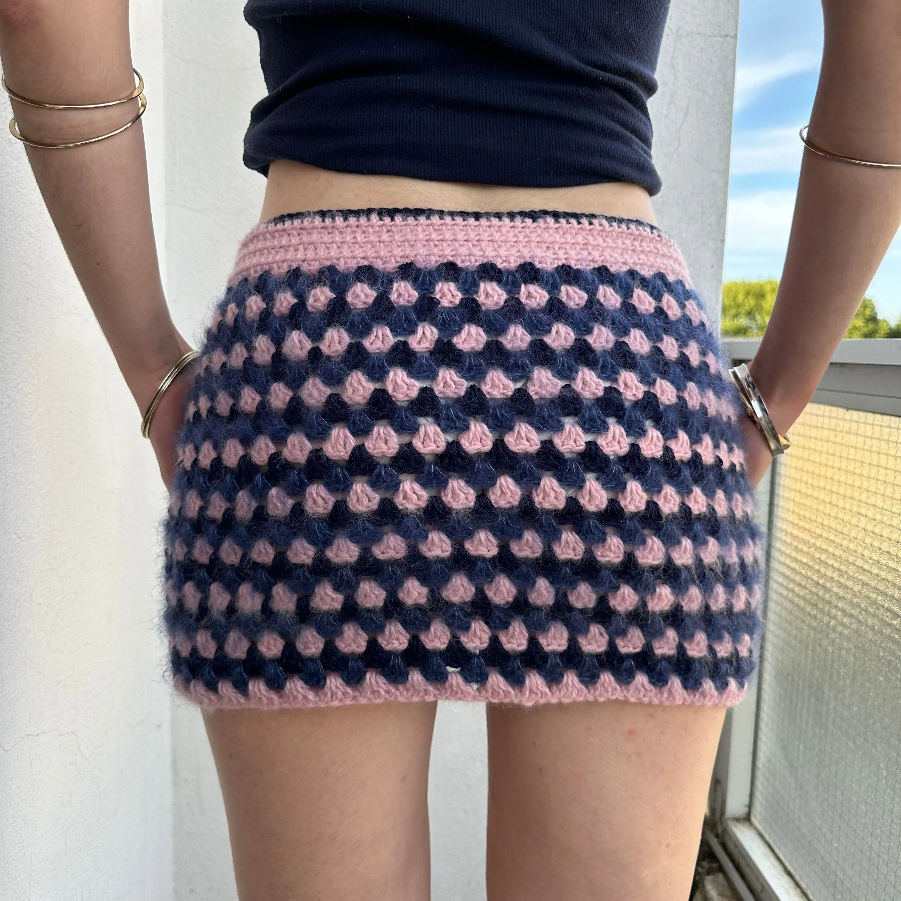 Handmade retro crochet mini skirt in baby pink and navy blue mohair