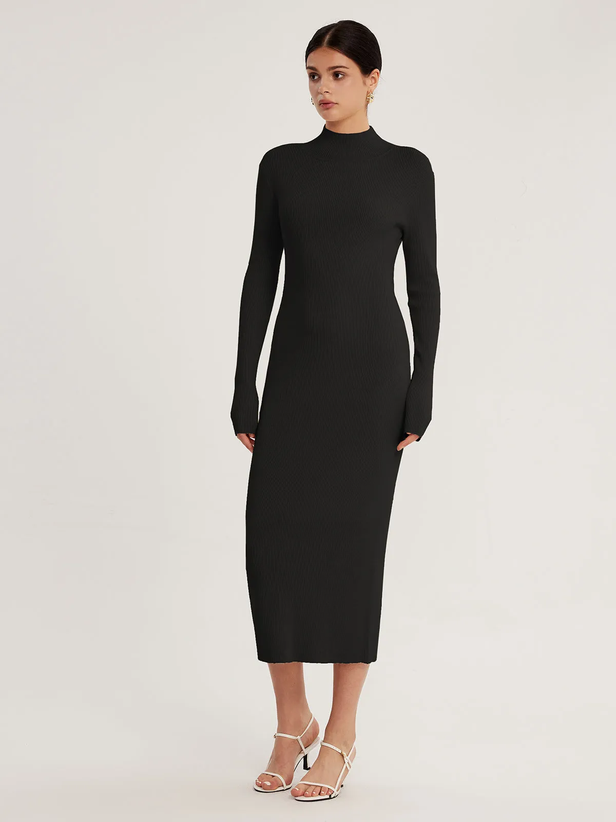 High Neck Long Sleeve Midi Dress