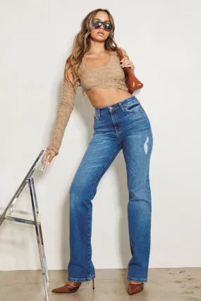 High Rise Subtle Distressed Straight Jeans