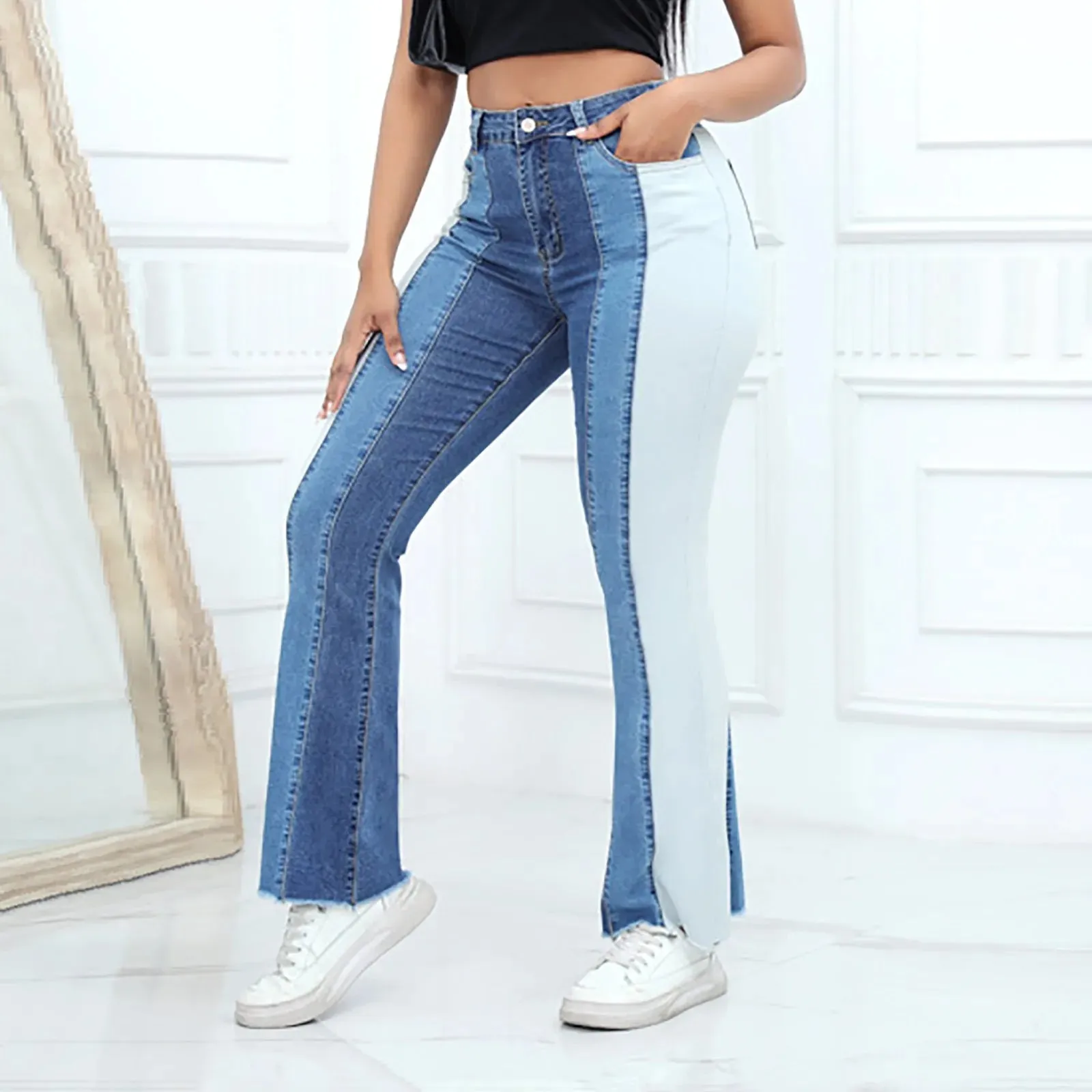 High Waisted Wide Leg Contrast Color Bell Bottom Jeans