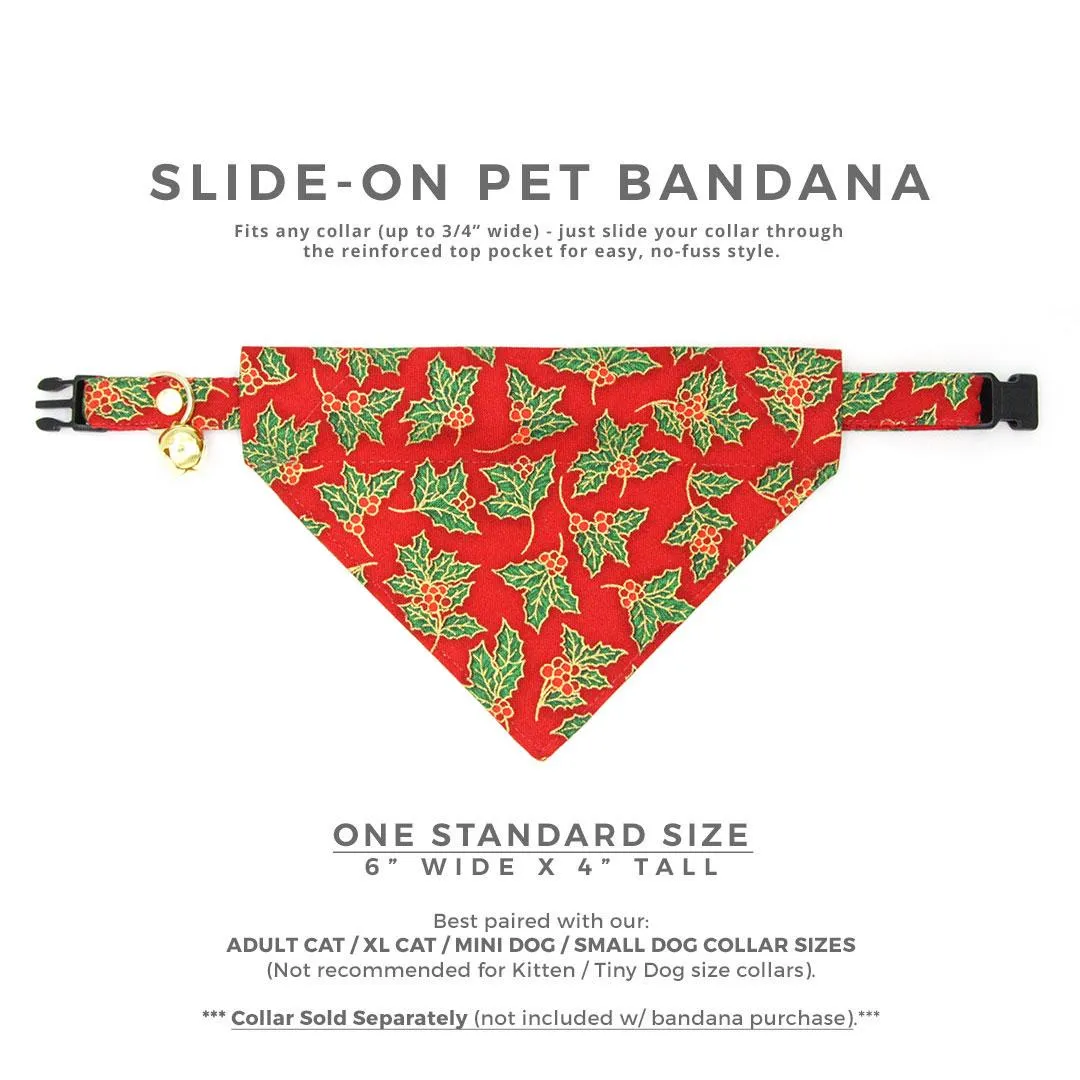 Holiday Cat Bandana - "Crimson Berry" - Christmas Red, Green & Gold Holly Bandana for Cat   Small Dog / Slide-On Over the Collar Bandana