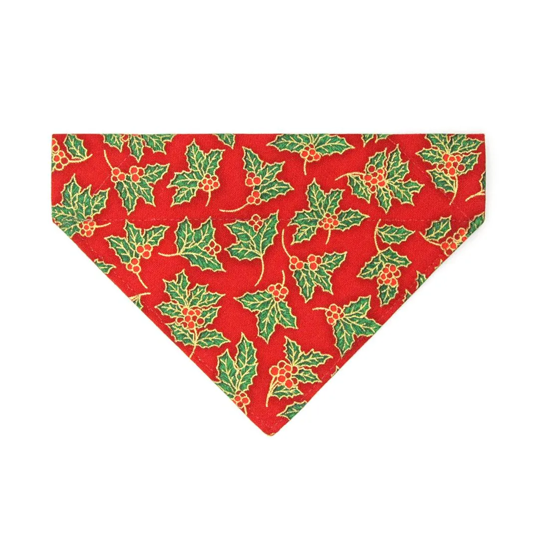 Holiday Cat Bandana - "Crimson Berry" - Christmas Red, Green & Gold Holly Bandana for Cat   Small Dog / Slide-On Over the Collar Bandana