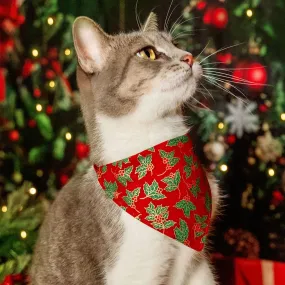 Holiday Cat Bandana - "Crimson Berry" - Christmas Red, Green & Gold Holly Bandana for Cat   Small Dog / Slide-On Over the Collar Bandana