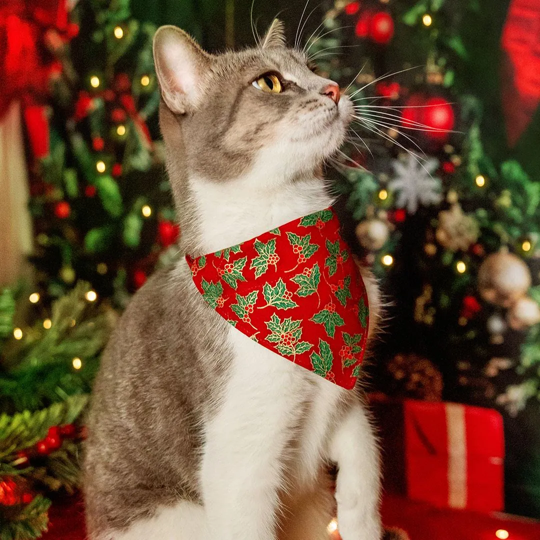 Holiday Cat Bandana - "Crimson Berry" - Christmas Red, Green & Gold Holly Bandana for Cat   Small Dog / Slide-On Over the Collar Bandana