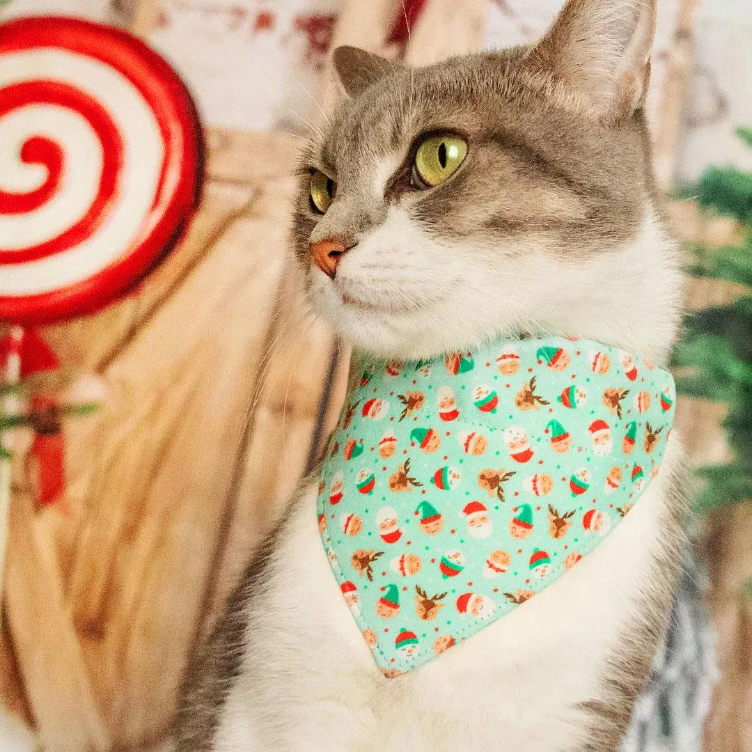 Holiday Cat Bandana - "Dear Santa" - Mint Christmas Elves & Santa Bandana for Cat   Small Dog / Elf, Reindeer, North Pole / Slide-On Over the Collar Bandana