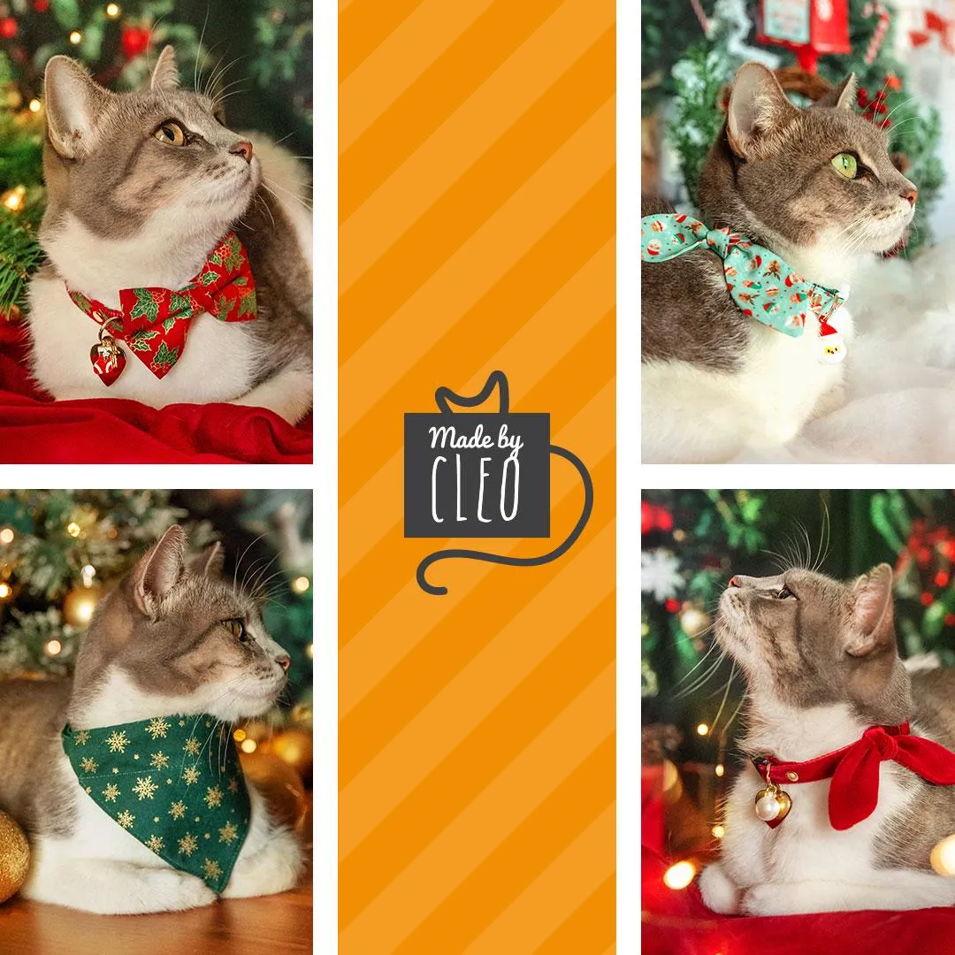 Holiday Cat Bandana - "Dear Santa" - Mint Christmas Elves & Santa Bandana for Cat   Small Dog / Elf, Reindeer, North Pole / Slide-On Over the Collar Bandana