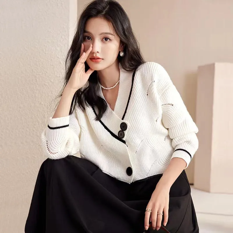 Irregular hem V-neck wool knitted cardigan female white deer short autumn and winter niche design sweater jacket tide