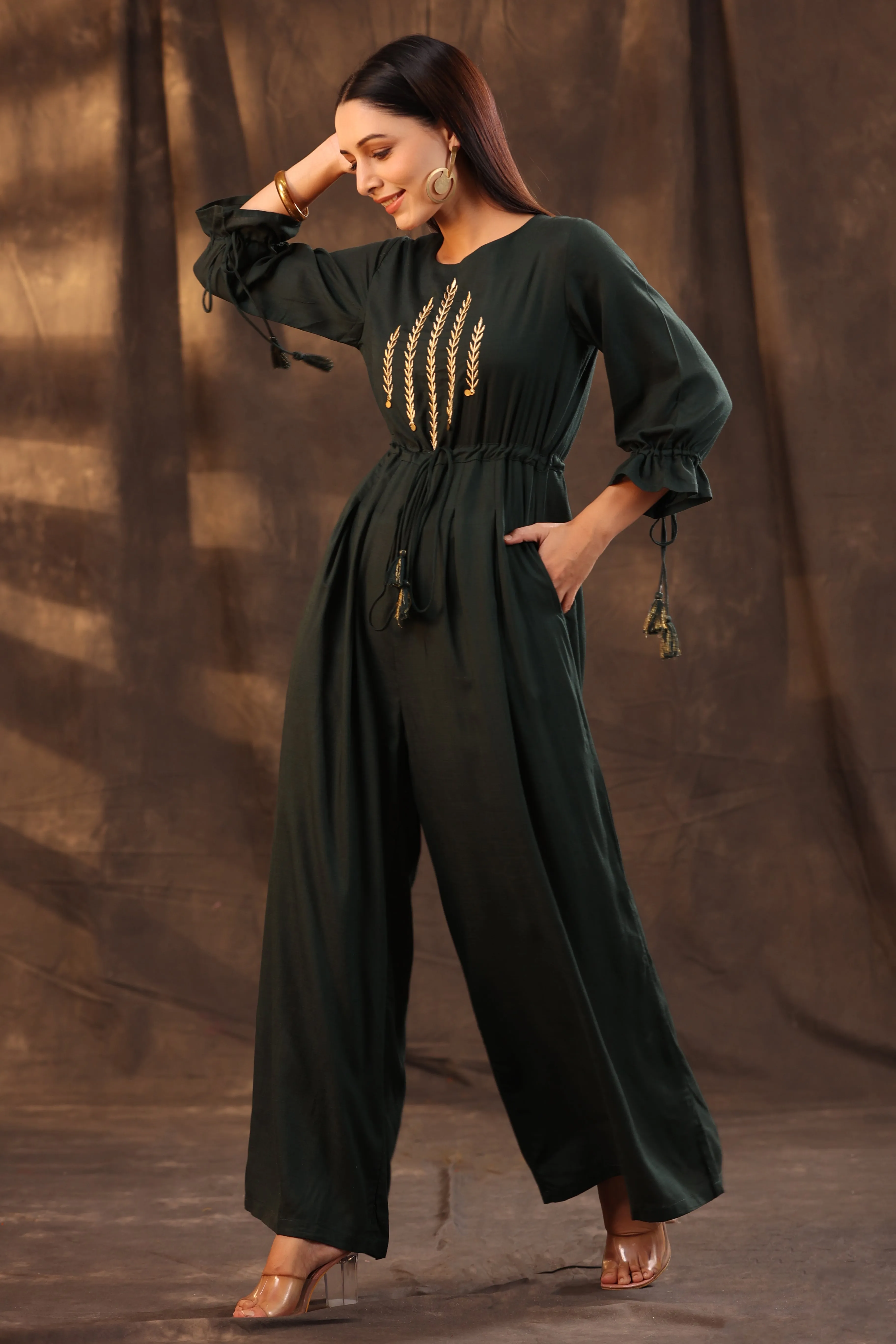 Jade Green Rayon Slub Embroidered Jumpsuit