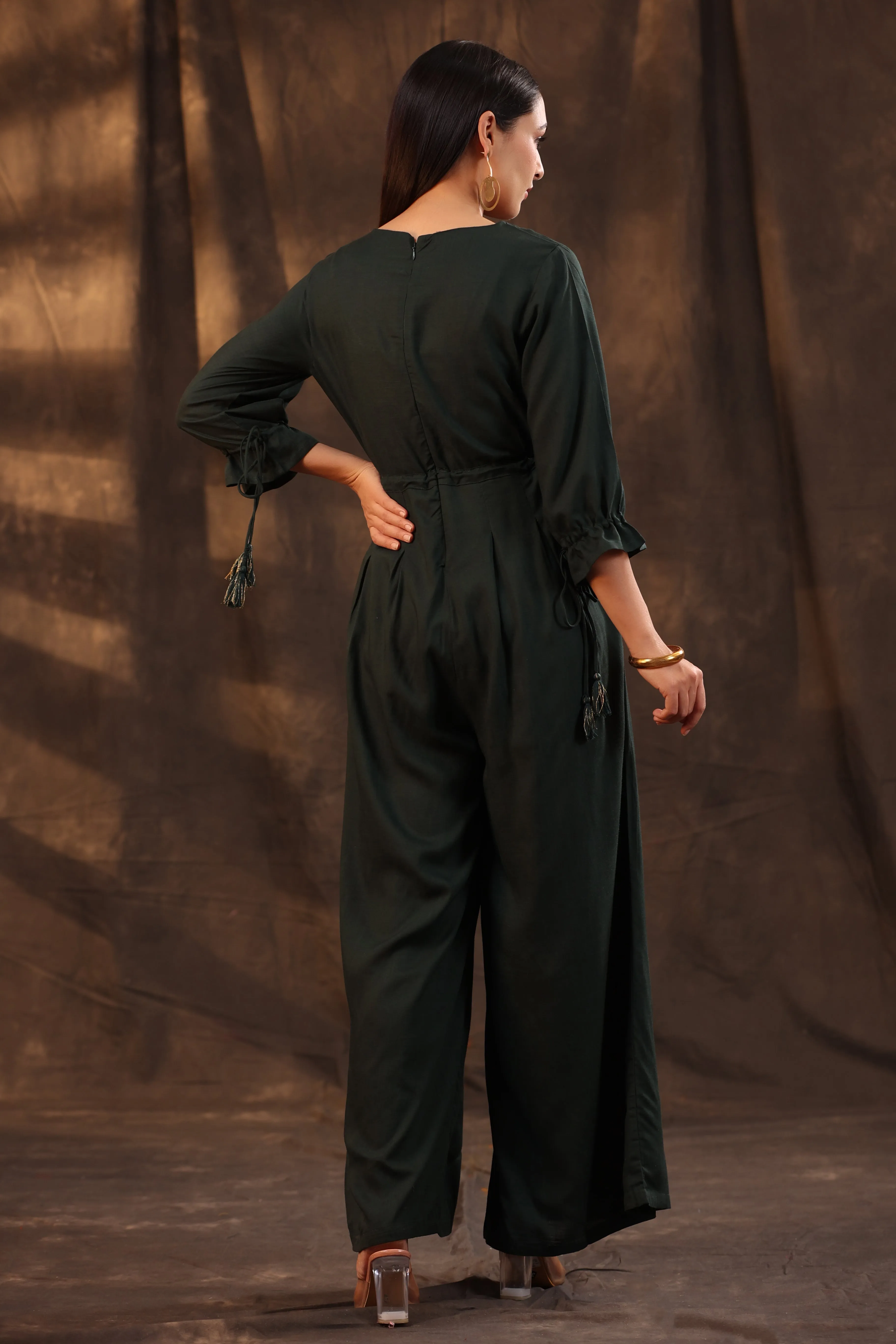 Jade Green Rayon Slub Embroidered Jumpsuit