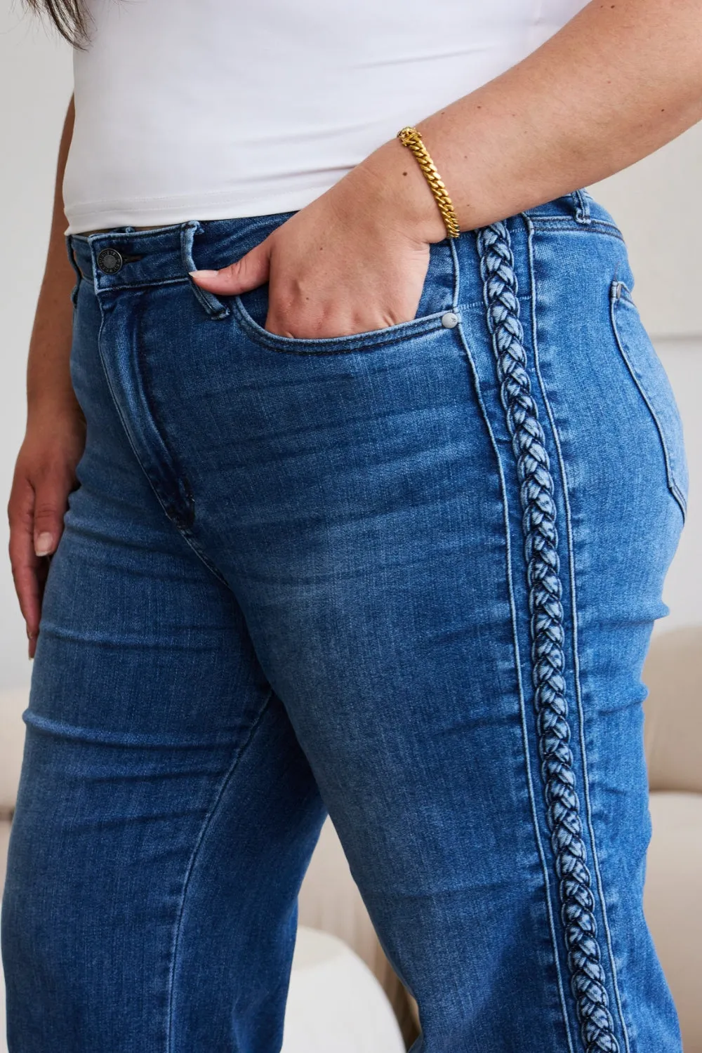 Judy Blue Braid Side Detail Wide Leg Jeans [Online Exclusive]