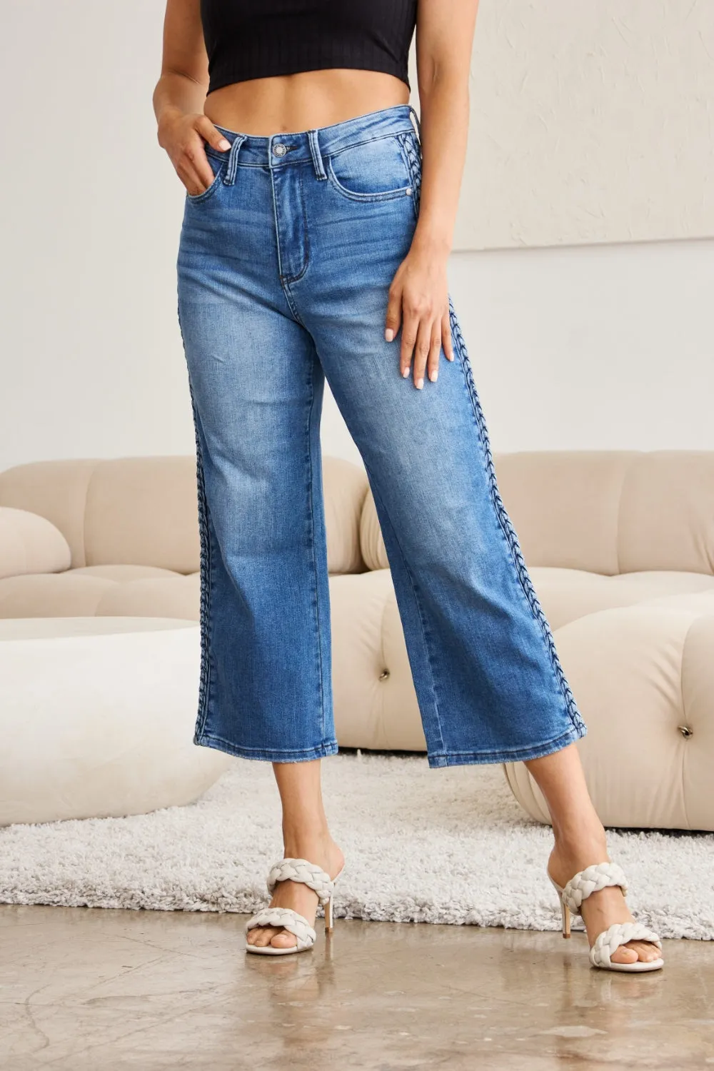 Judy Blue Braid Side Detail Wide Leg Jeans [Online Exclusive]