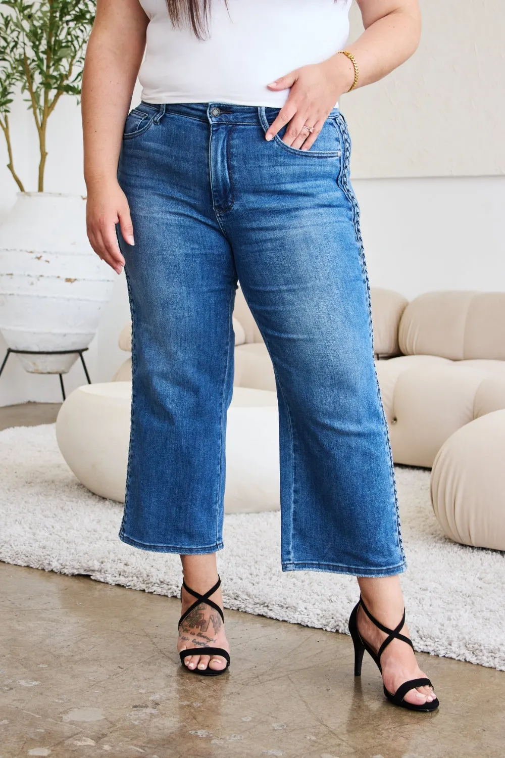 Judy Blue Braid Side Detail Wide Leg Jeans [Online Exclusive]