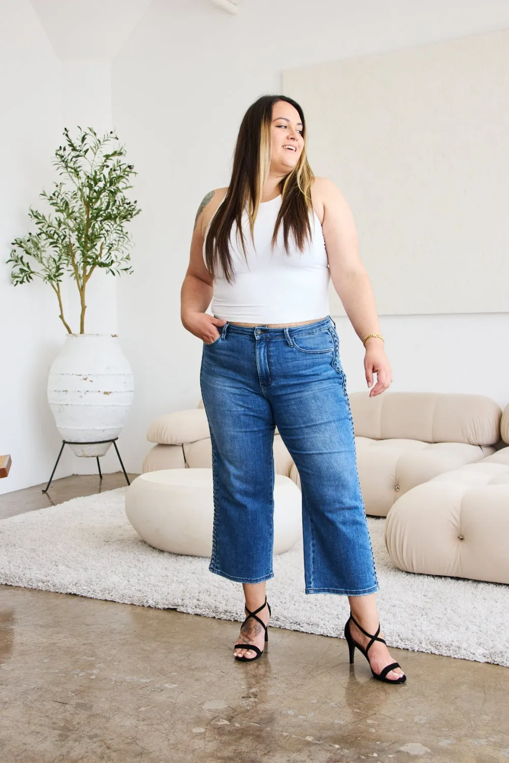 Judy Blue Braid Side Detail Wide Leg Jeans [Online Exclusive]