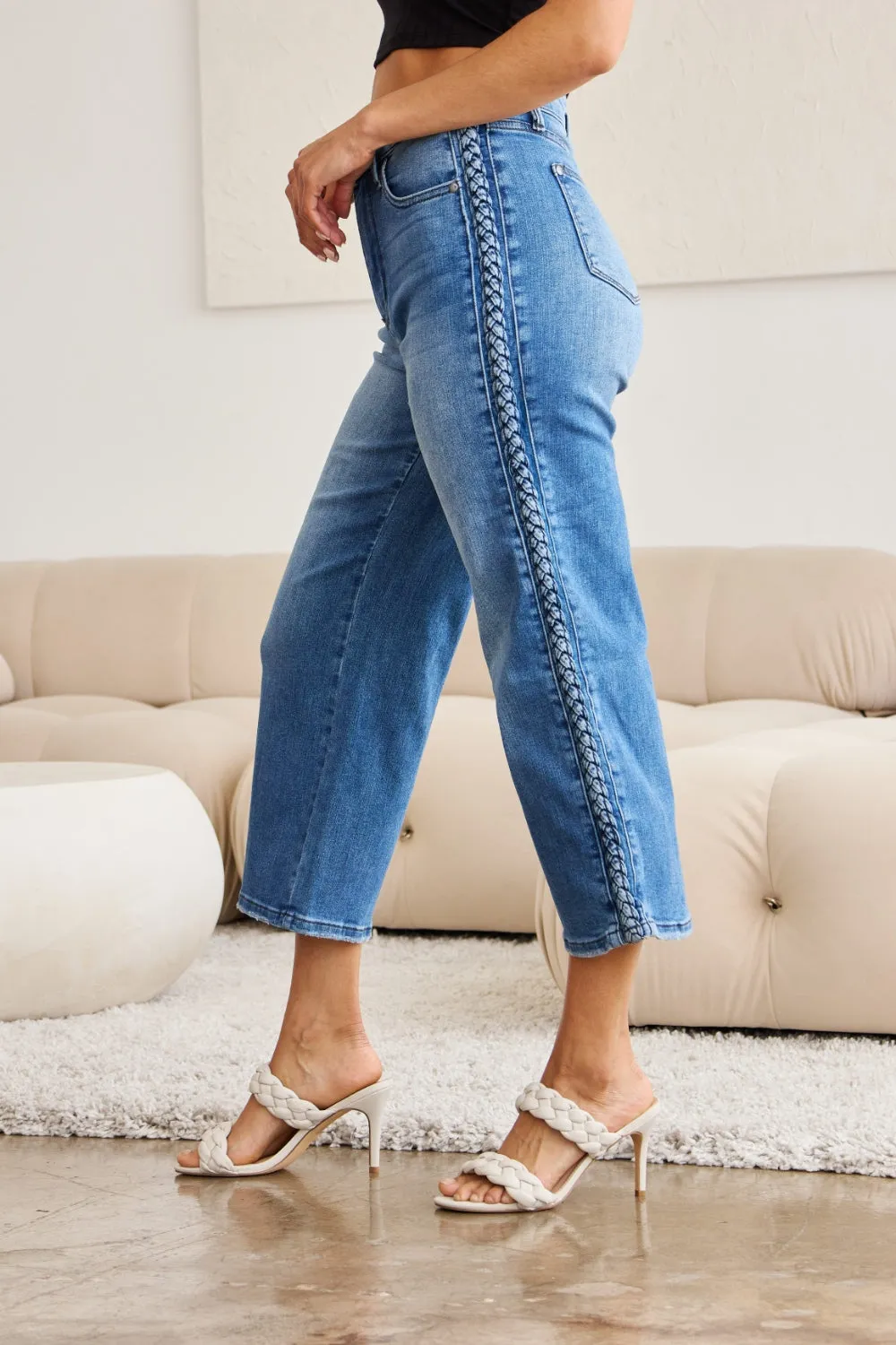 Judy Blue Braid Side Detail Wide Leg Jeans [Online Exclusive]