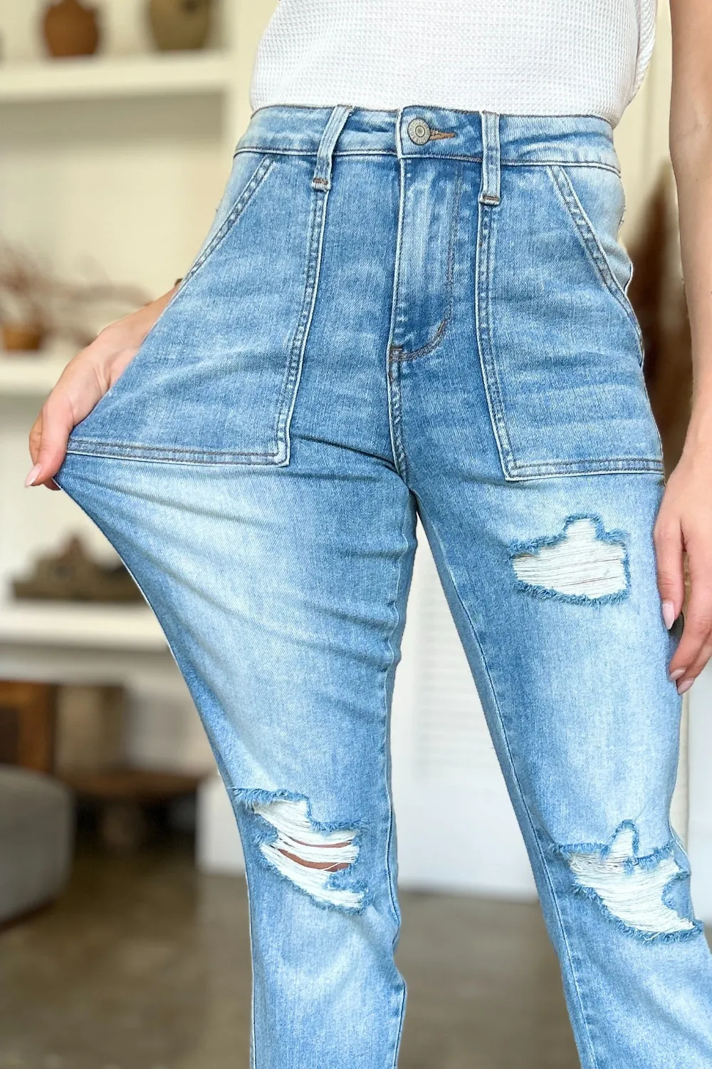 Judy Blue Distressed Straight Jeans with Patch Pockets [Online Exclusive]