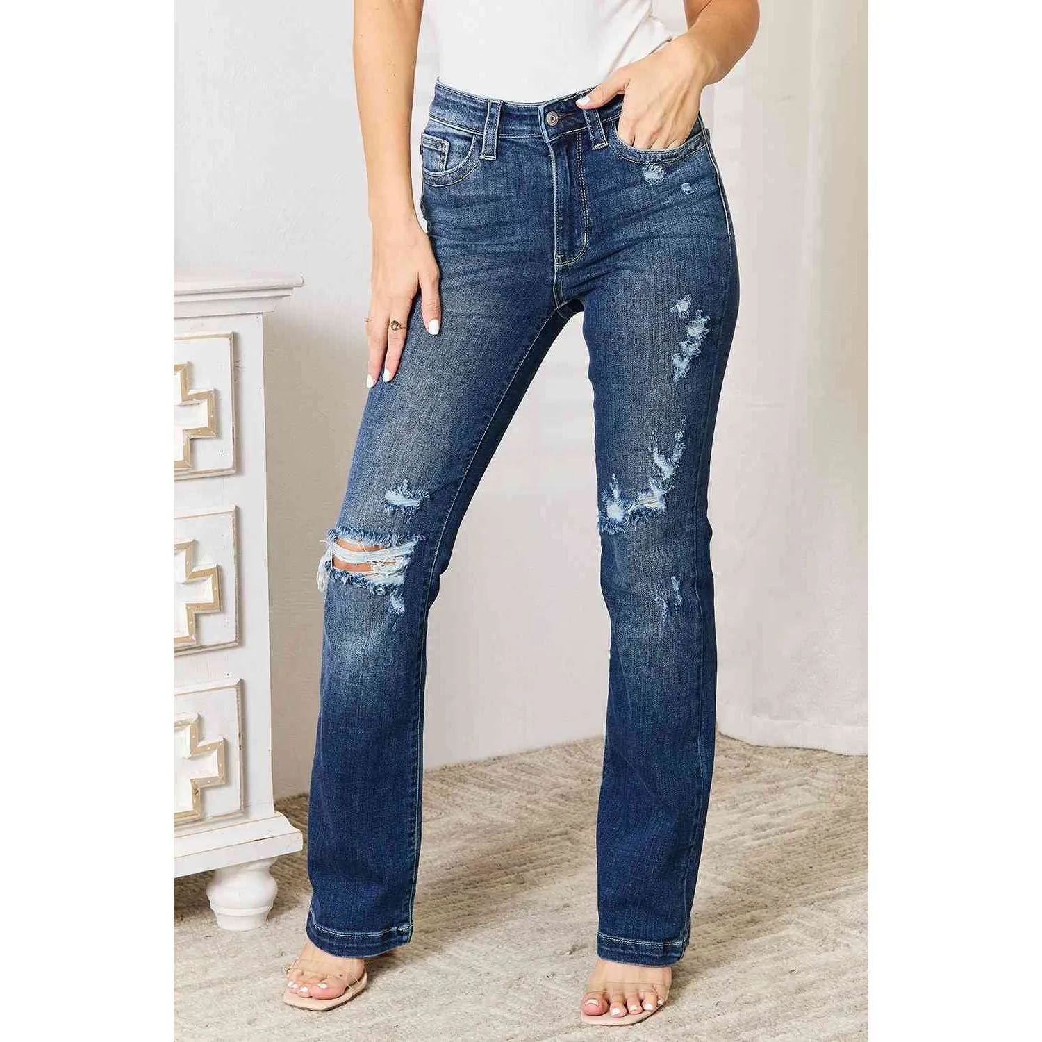 Judy Blue Full Size Mid Rise Hand Sand & Destroy Bootcut Jeans