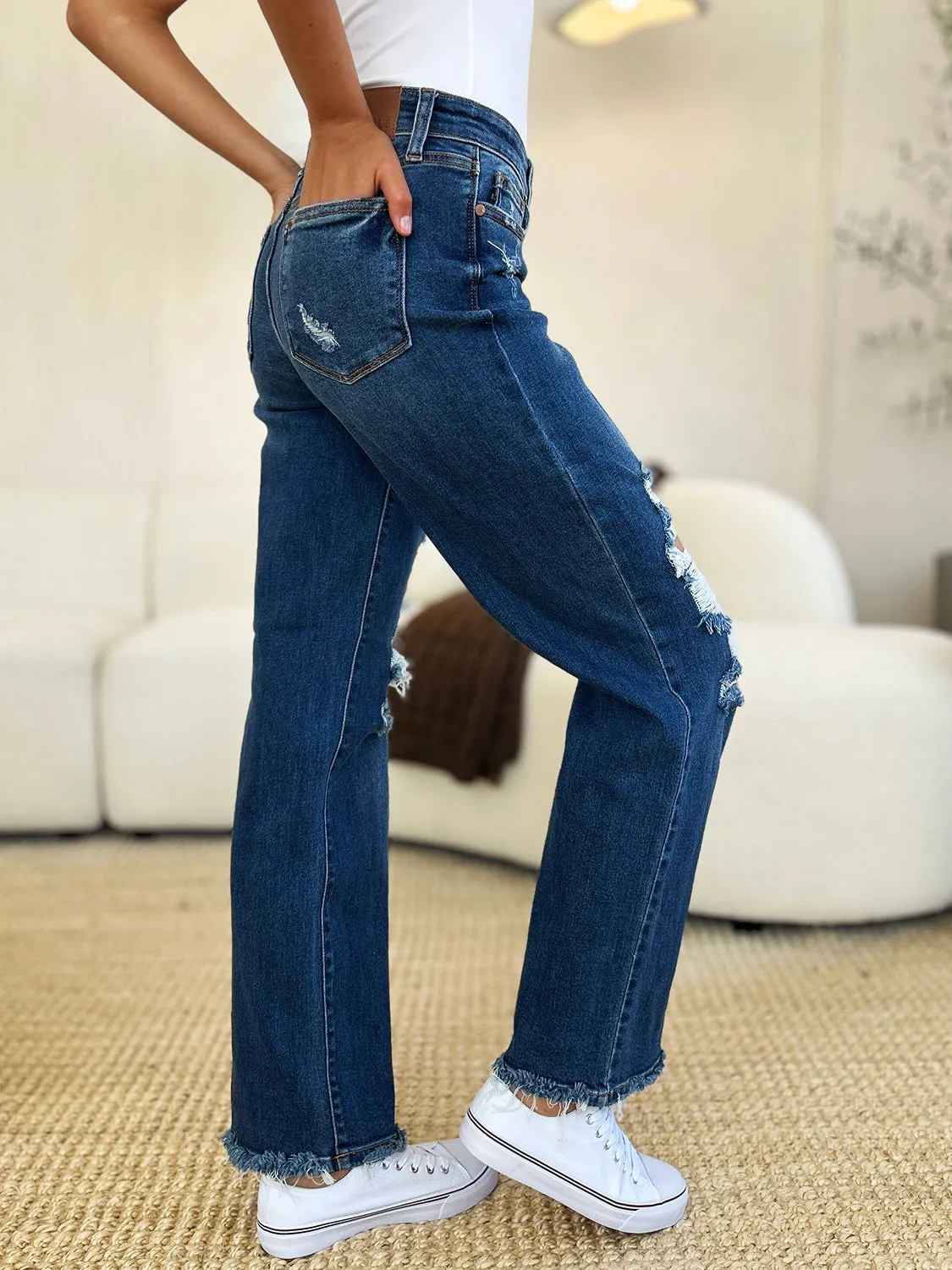 Judy Blue Mid Rise Distressed Raw Hem Jeans [Online Exclusive]