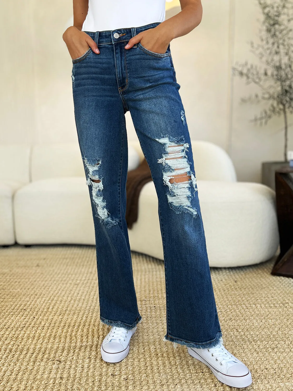 Judy Blue Mid Rise Distressed Raw Hem Jeans [Online Exclusive]