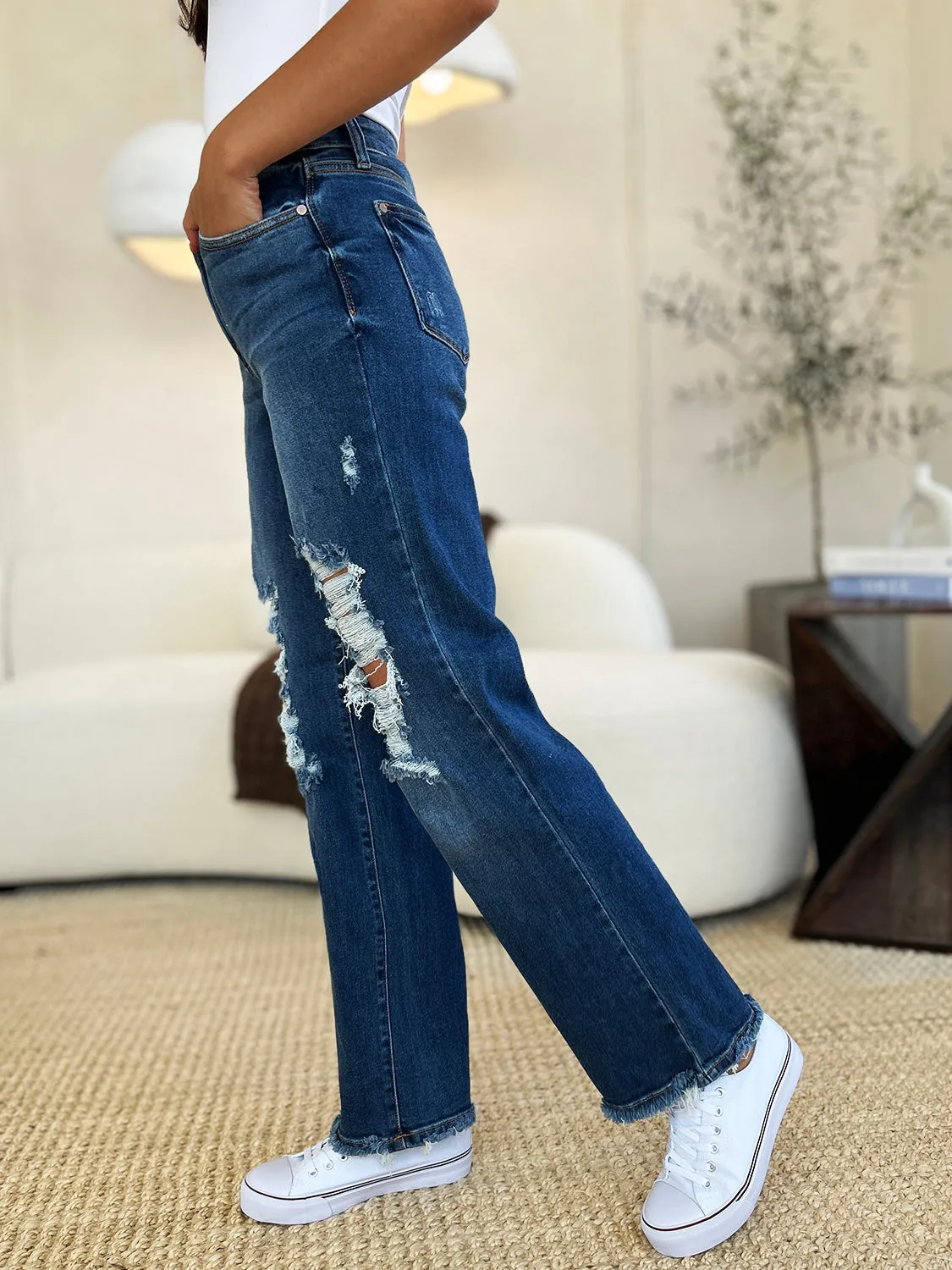 Judy Blue Mid Rise Distressed Raw Hem Jeans [Online Exclusive]