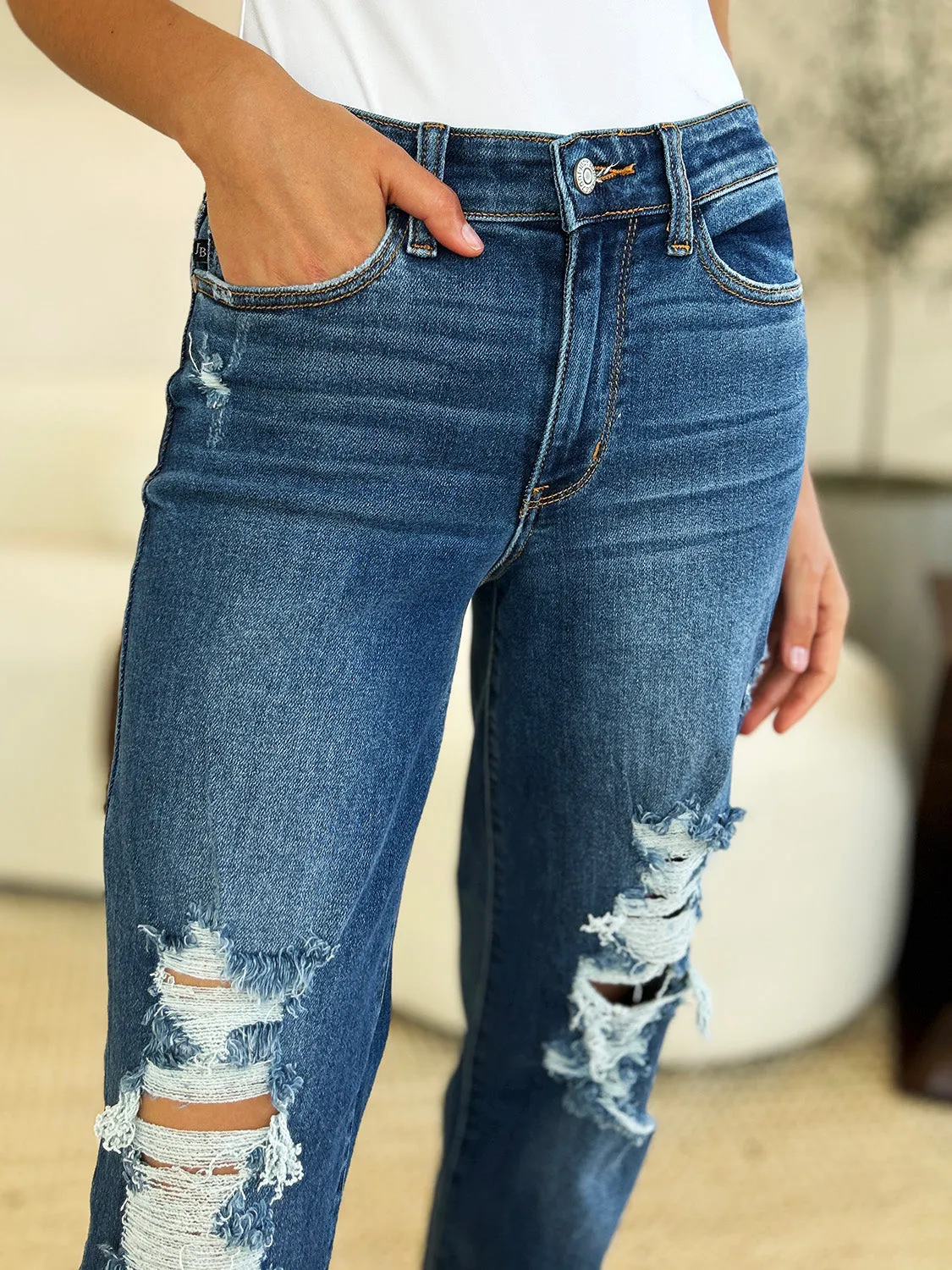 Judy Blue Mid Rise Distressed Raw Hem Jeans [Online Exclusive]