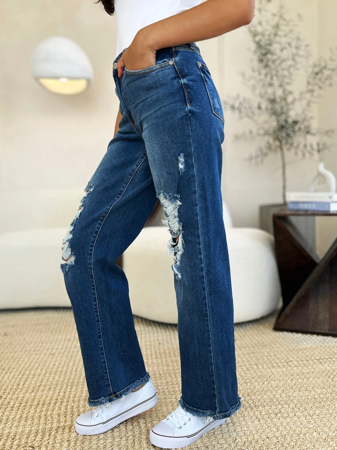 Judy Blue Mid Rise Distressed Raw Hem Jeans [Online Exclusive]