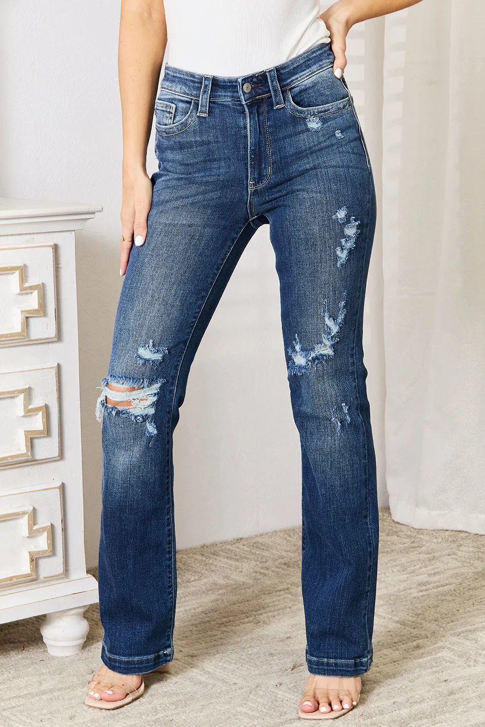 Judy Blue Mid Rise Hand Sand & Destroy Bootcut Jeans [Online Exclusive]