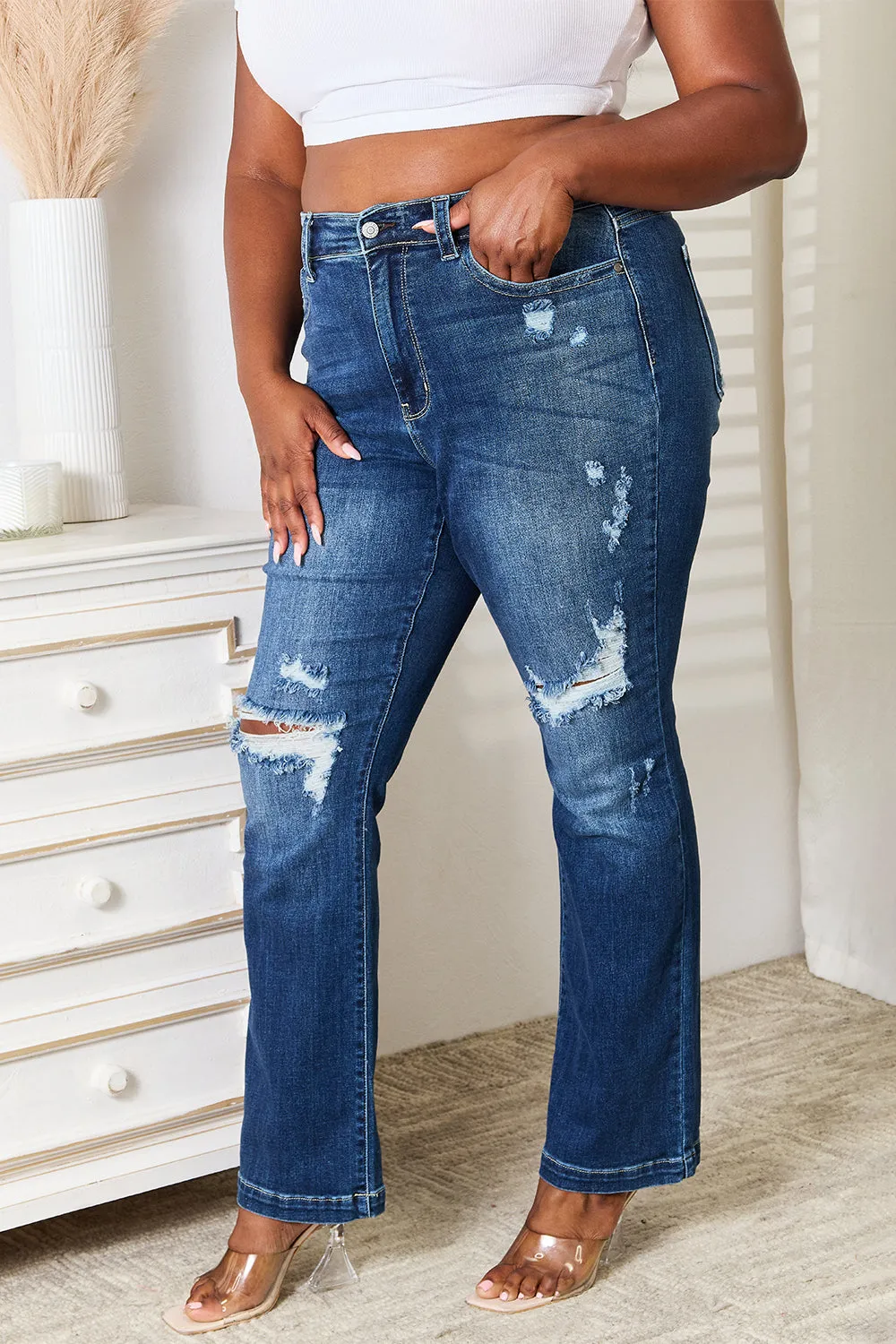 Judy Blue Mid Rise Hand Sand & Destroy Bootcut Jeans [Online Exclusive]