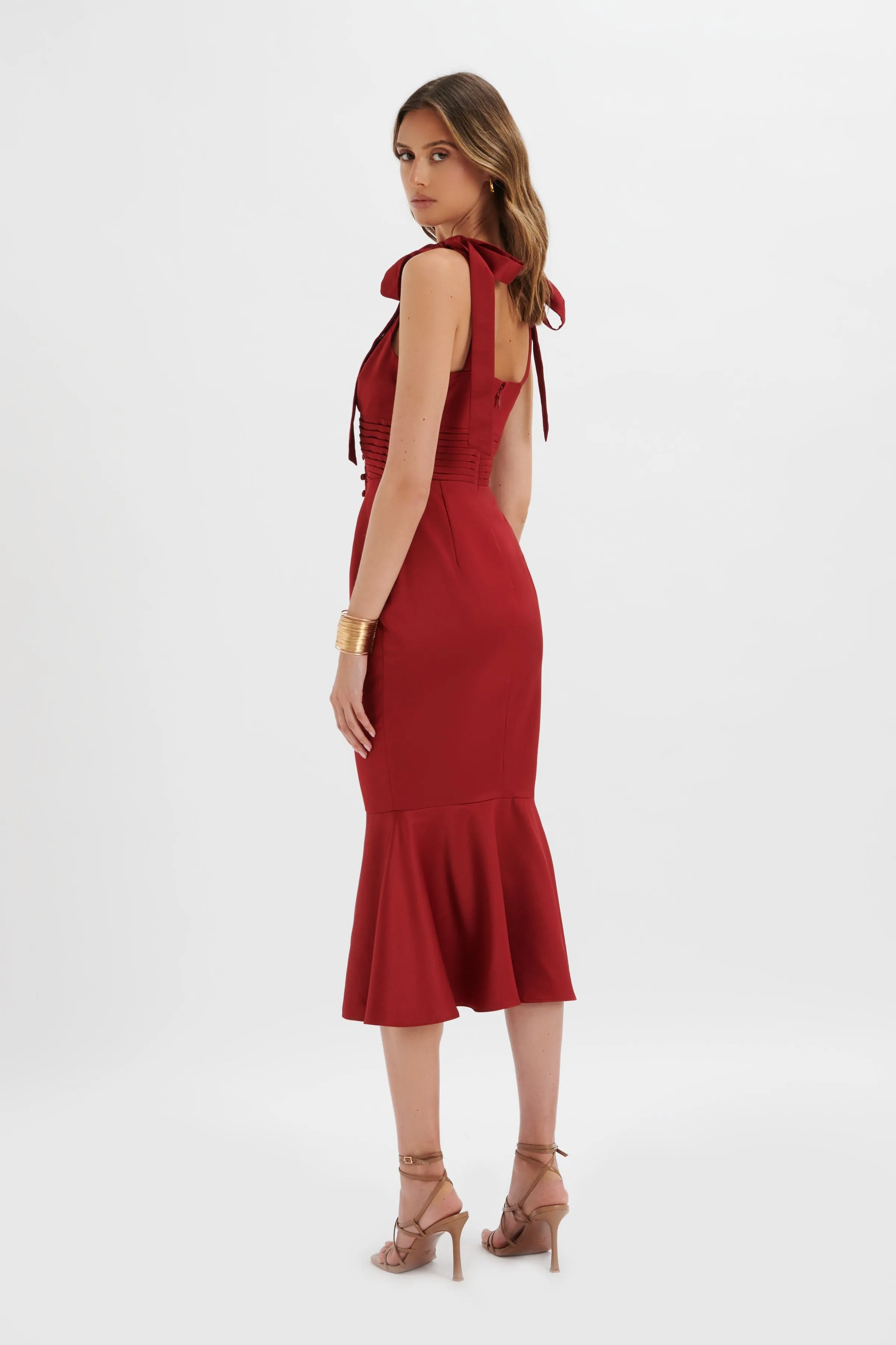 KAMILA Tie Strap Micro Button Satin Midi Dress in Burgundy