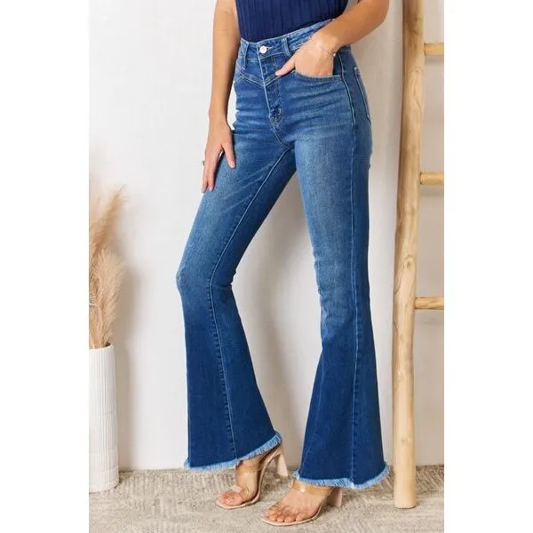 Kancan High Rise Raw Hem Flare Jeans