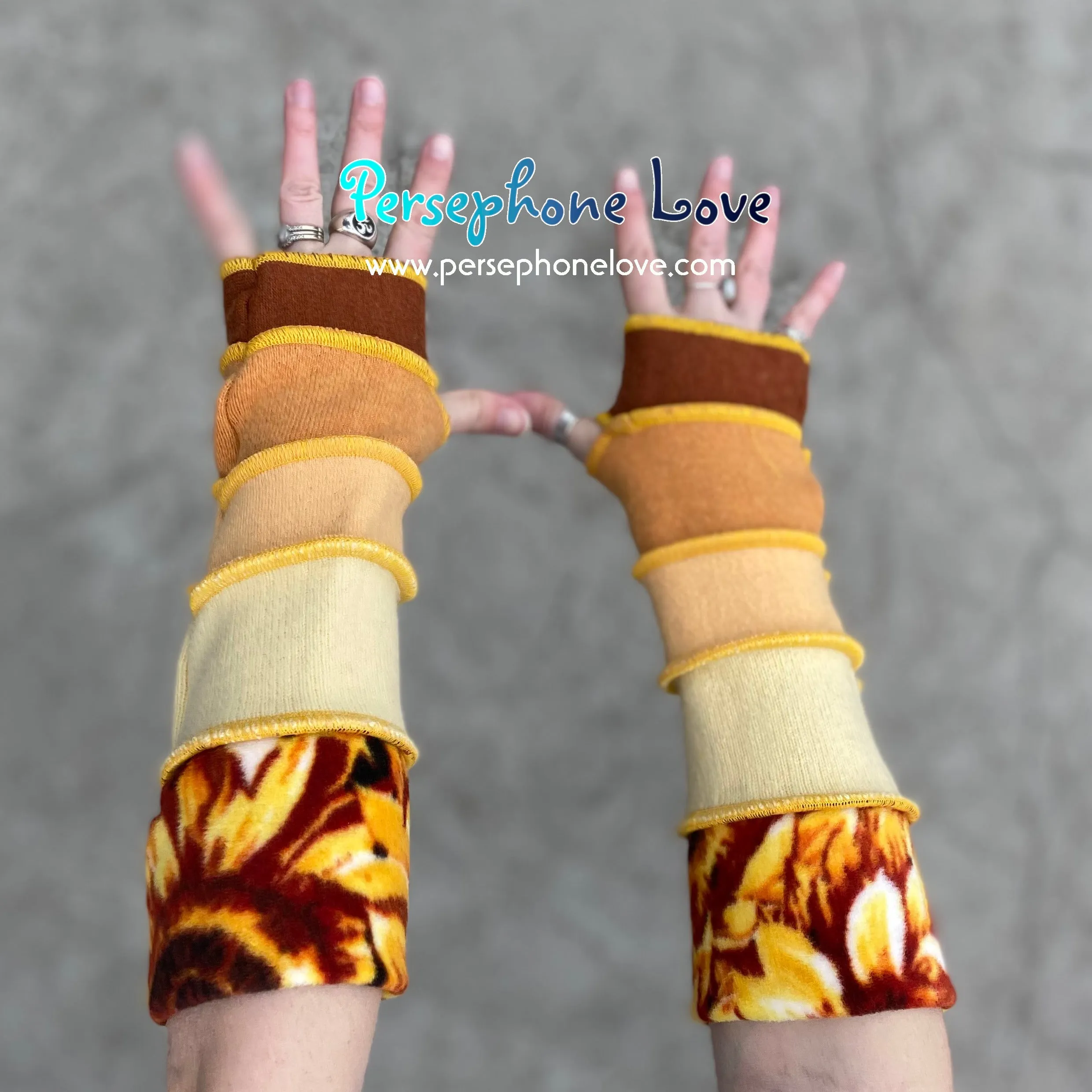 Katwise inspired needle-felted golden sunflower upcycled sweater arm warmers-1367