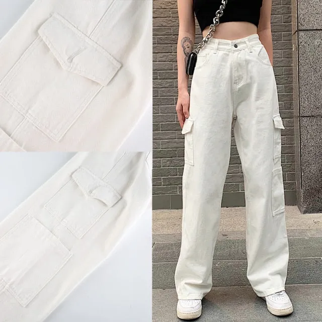 KittenAlarm - Brown Vintage Baggy Jeans Women 90s Streetwear Pockets Wide Leg Cargo Pants Y2K Low Waist Straight Denim Trousers